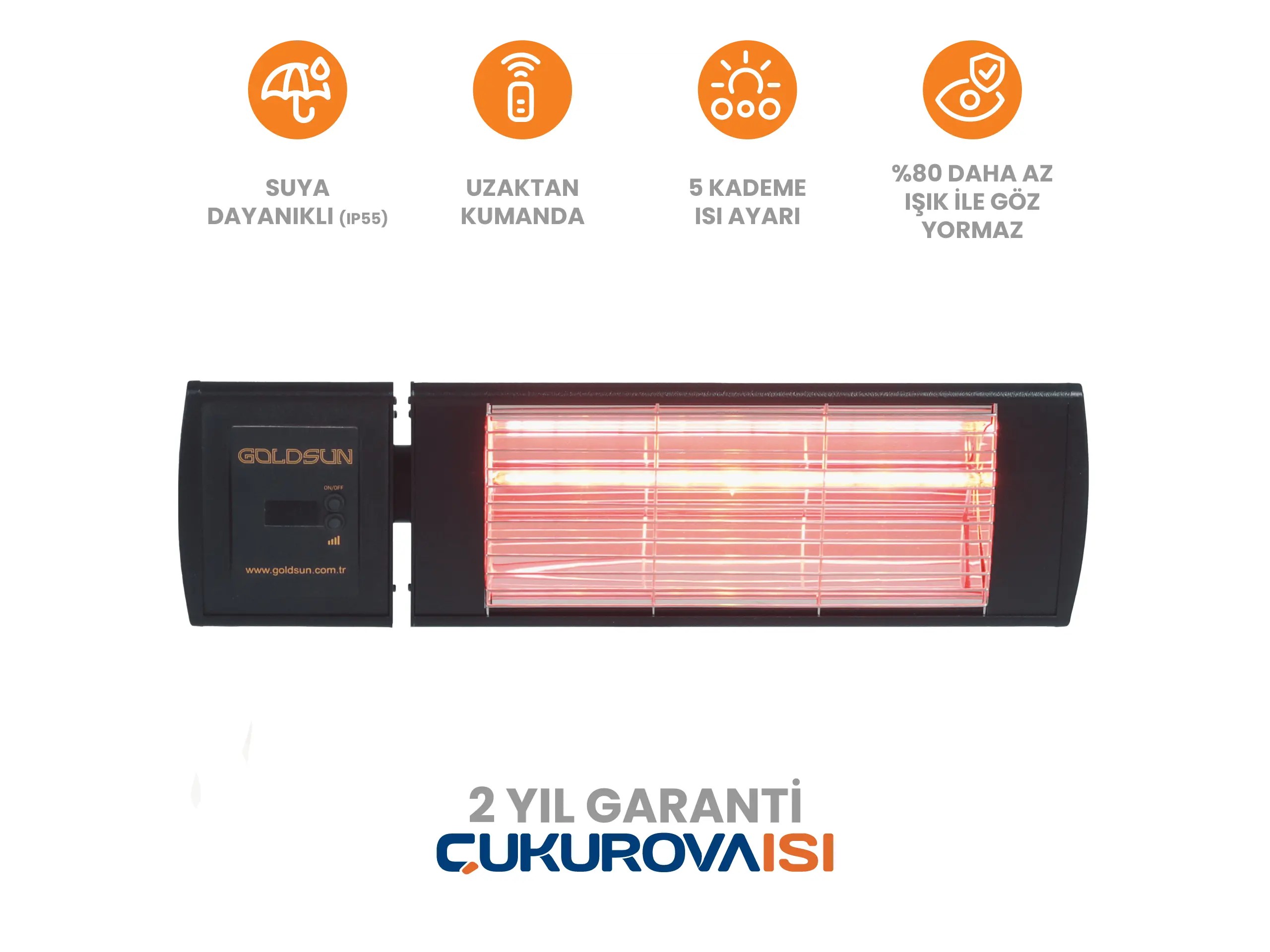 Goldsun Supra Plus 2000W Uzaktan Kumandalı Suya Dayanıklı (IP55) %80 Az Işıklı Göz Yormayan Duvar Tipi Dış Mekan Elektrikli Infrared Isıtıcı