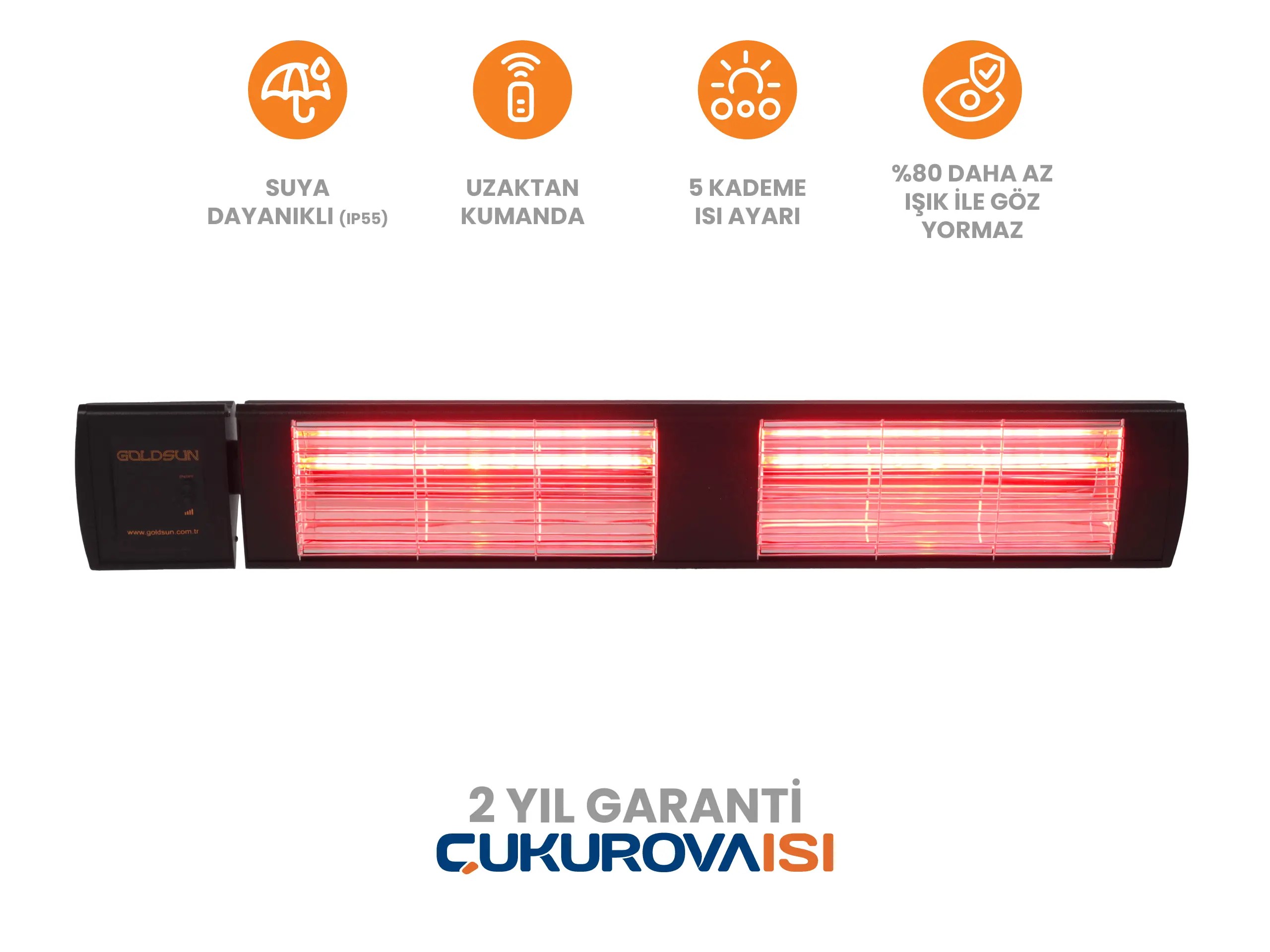 Goldsun Supra Plus 4000W Uzaktan Kumandalı Suya Dayanıklı (IP55) %80 Az Işıklı Göz Yormayan Duvar Tipi Dış Mekan Elektrikli Infrared Isıtıcı - Siyah