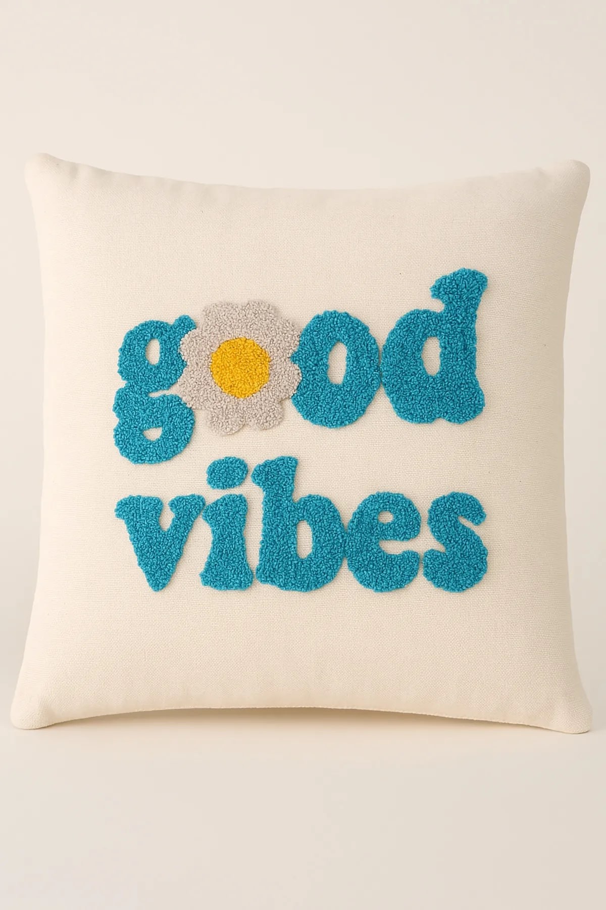 Punch İşlemeli Kırlent Kılıfı Good Vibes Mavi 