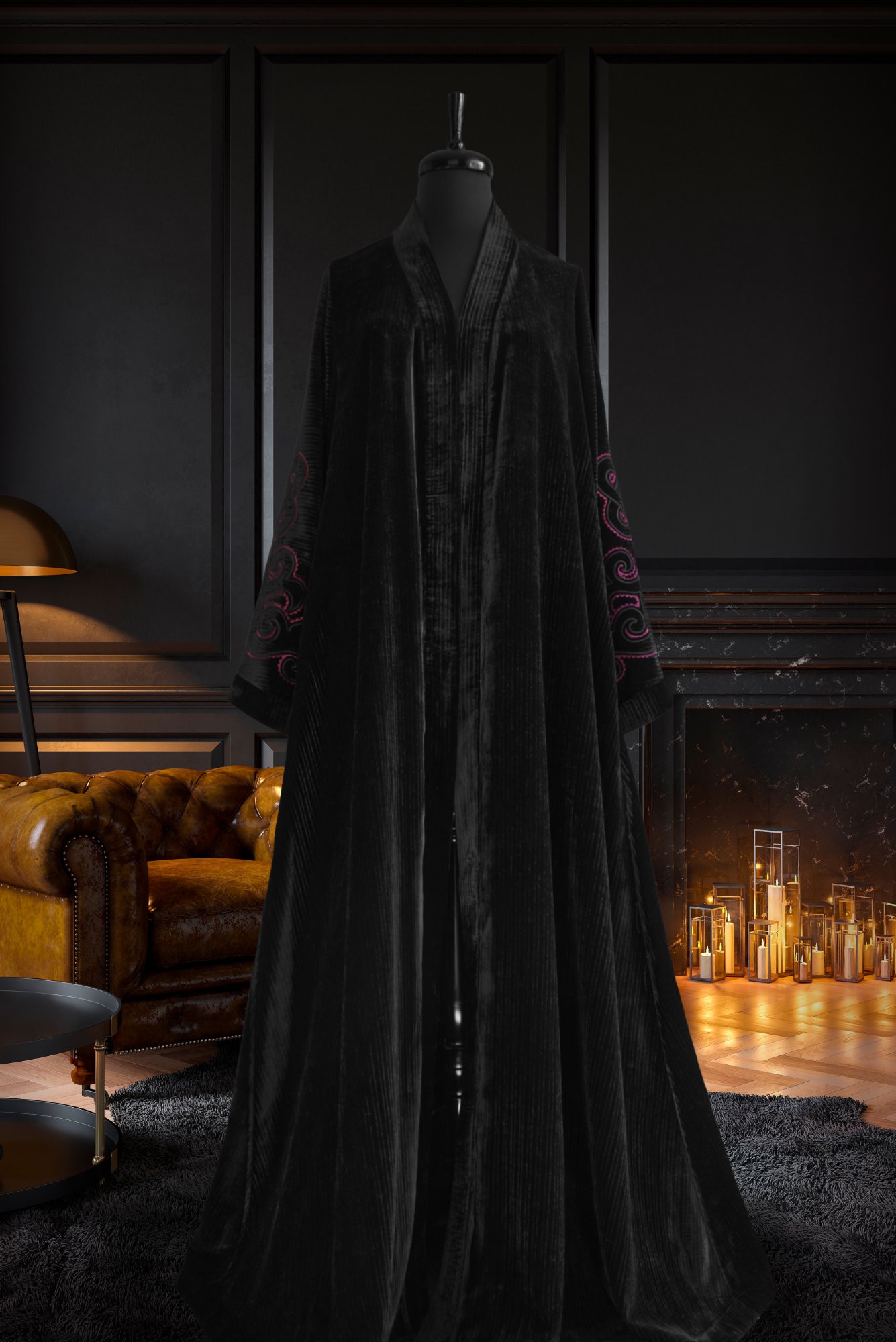Black Ruby Siyah Pembe Çizgili Oymataş Desenli Kadife Abaya