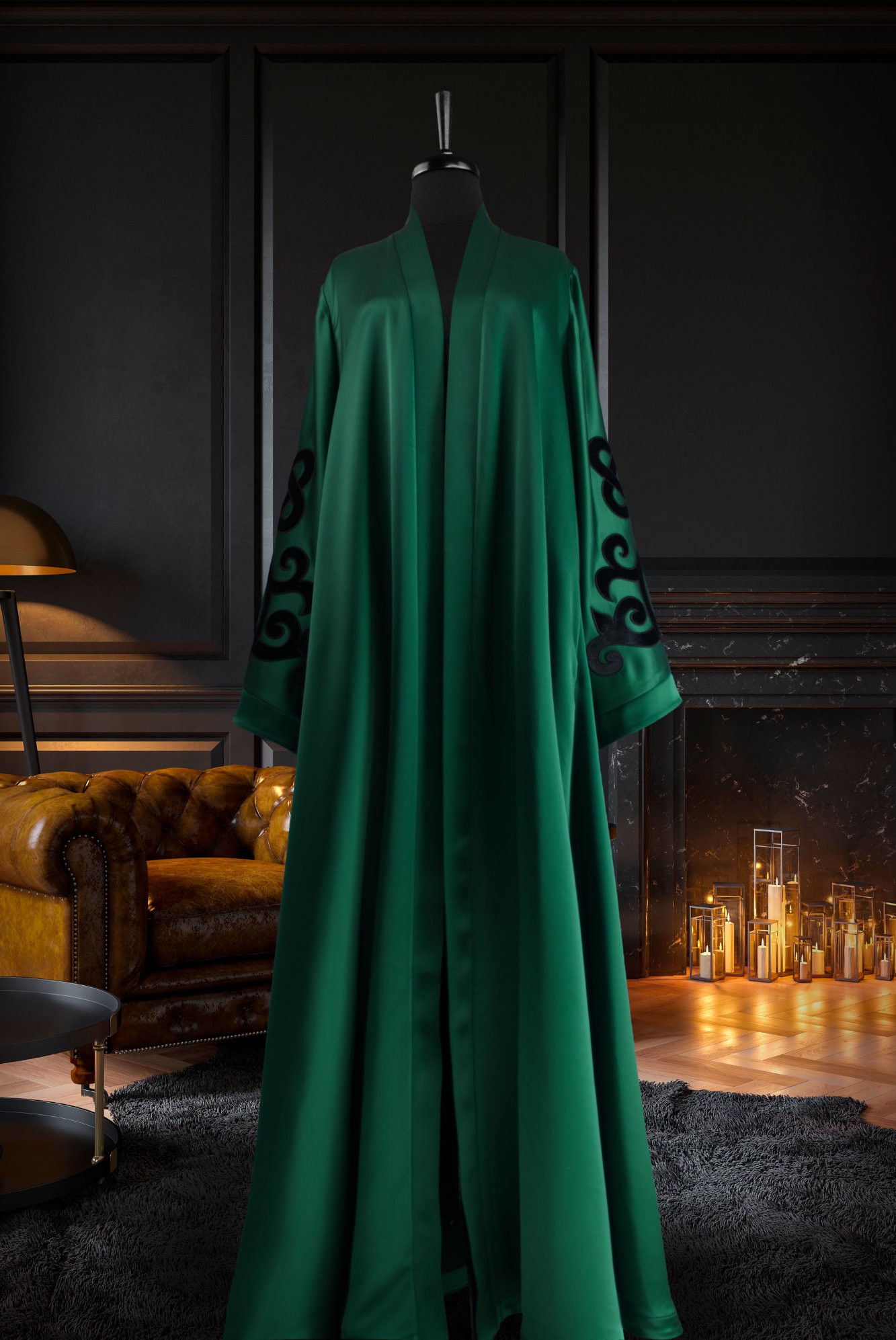 Muslima Zümrüt Siyah Kol Desenli Abaya