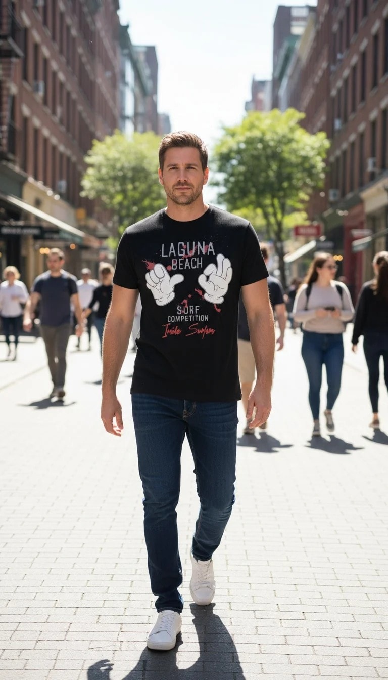 T-Shirt Meshkujsh Inside Ngjyre e Zeze me Dizajn me Duar Outlet/T-Shirt