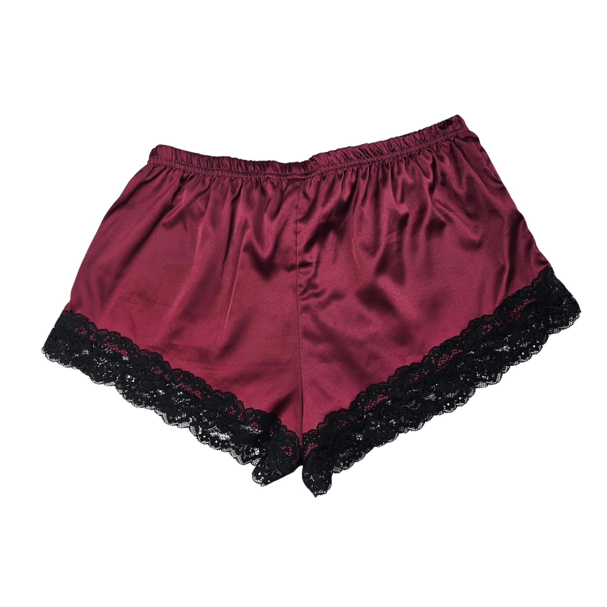 Veshje Gjumi Tuta te Shkurtra Saten Ngjyre Vishnje me Dantelle te Zeze S.Hand/Sleeping Clothes