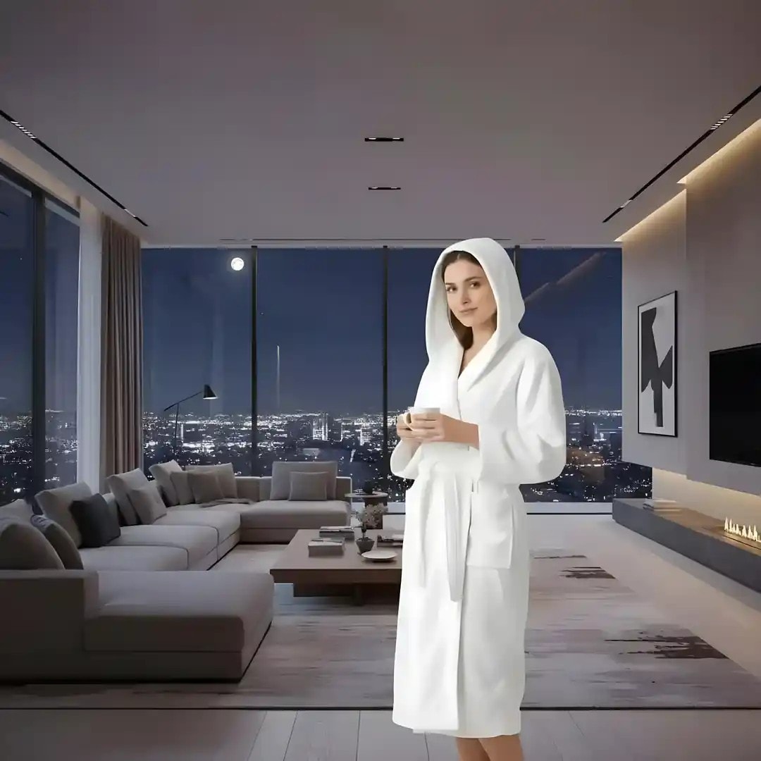 Robdishan me Kapuc 100% Cotton Ngjyre i Bardhe Outlet Bathrobe Unisex