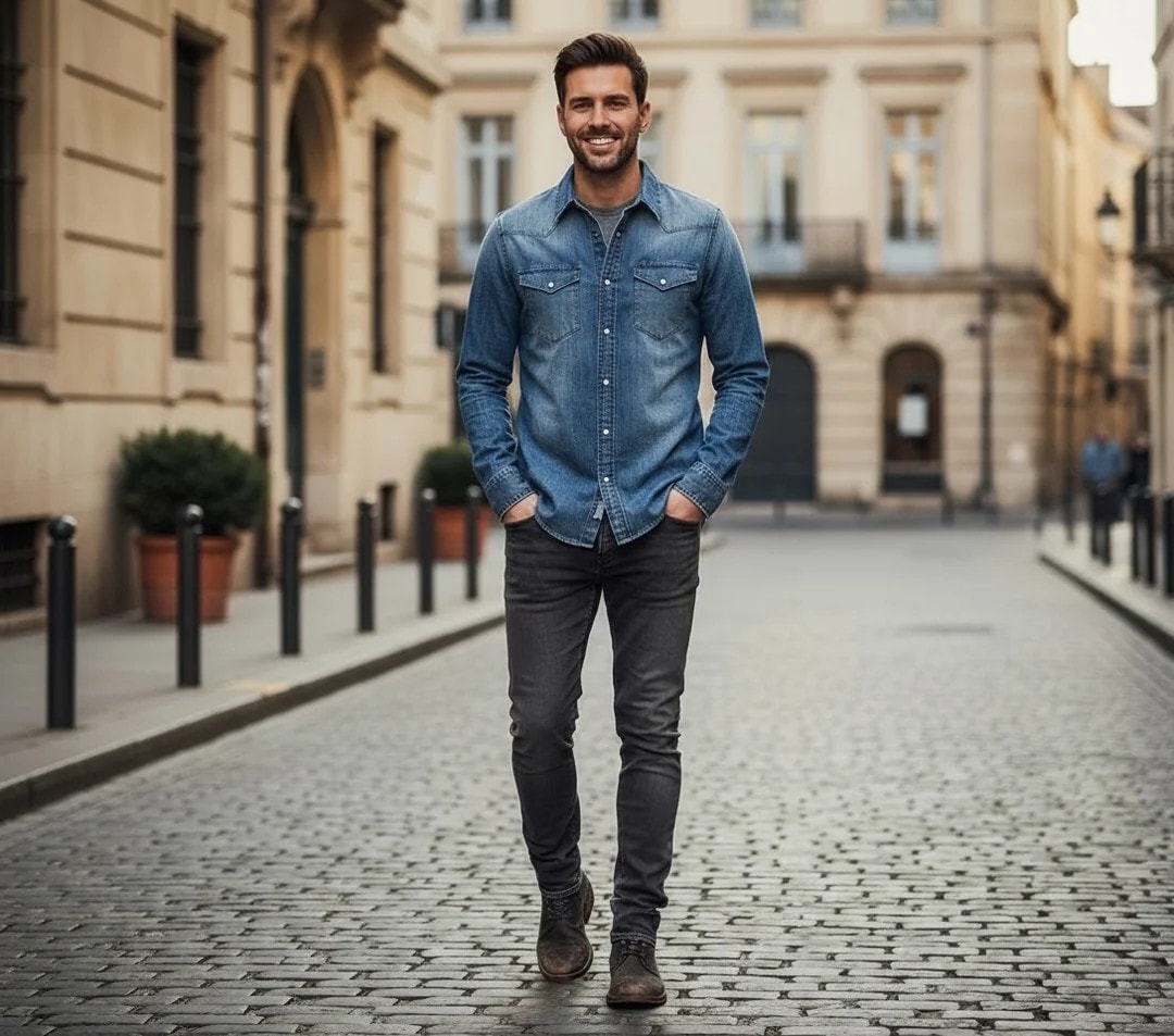 Kemishe Xhins Meshkujsh Mustang ngjyre Blu S.Hand Shirt