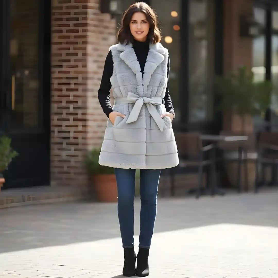 Jelek Pellushi Femrash Amisu Ngjyre Gri e Hapur me Rrip tek Beli S.Hand Womens Plush Vest