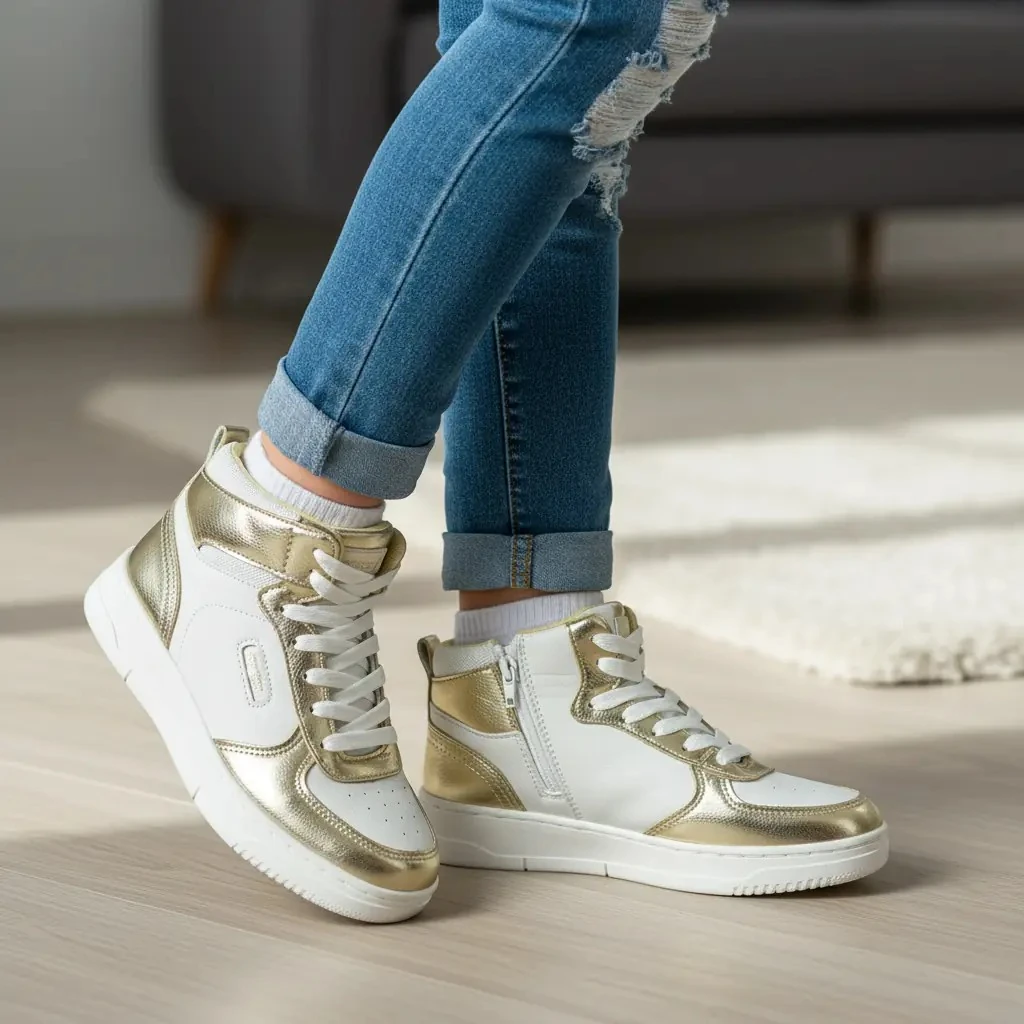 Atlete Femijesh Ngjyre Gold me Dizajn te Bardhe S.Hand Childrens Shoes