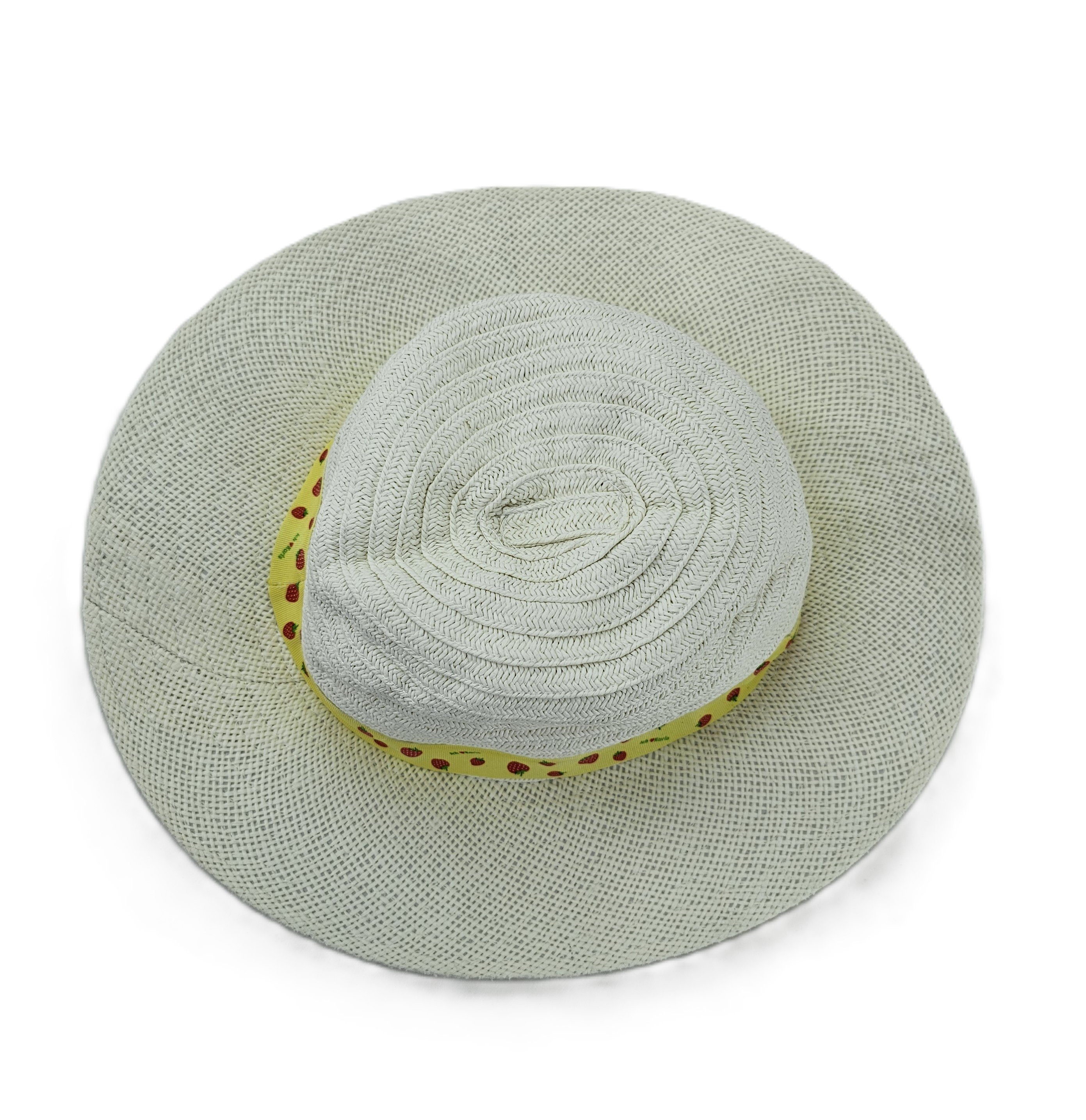 Kapele Plazhi Femijesh Kashte Ngjyre e Bardhe me Luleshtrydhe S.Hand/Beach Hat