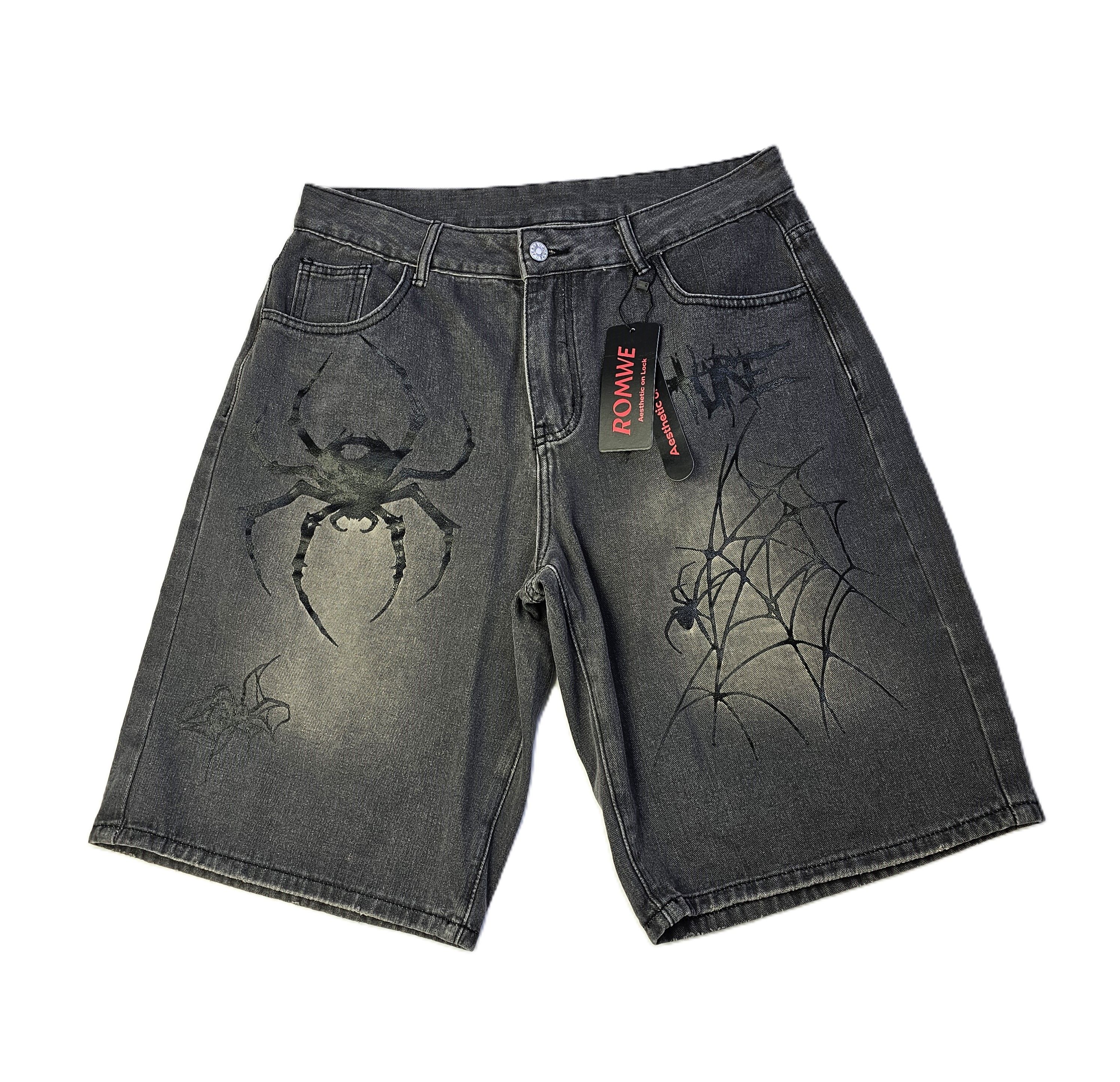 Pantallona te Shkurtra Meshkujsh Ngjyre Gri e Erret me Dizajn merimange Outlet/Denim Shorts