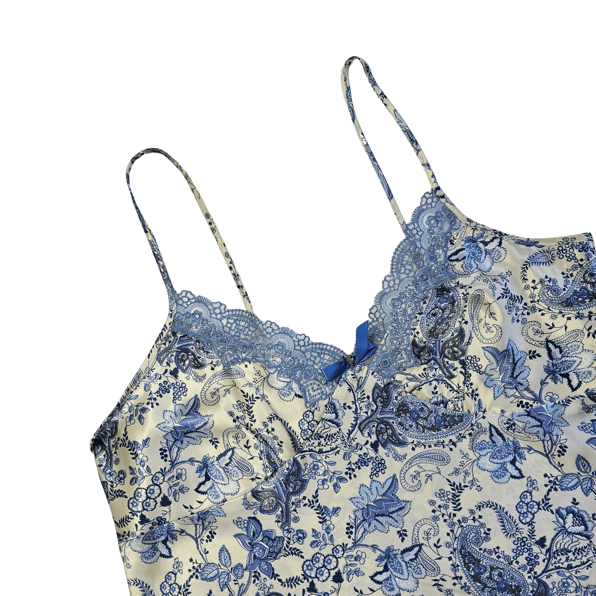 Veshje Gjumi Kanatjere Saten Ngjyre Qumesht me Dizajn Blu Abstrakt S.Hand/Sleeping Clothes