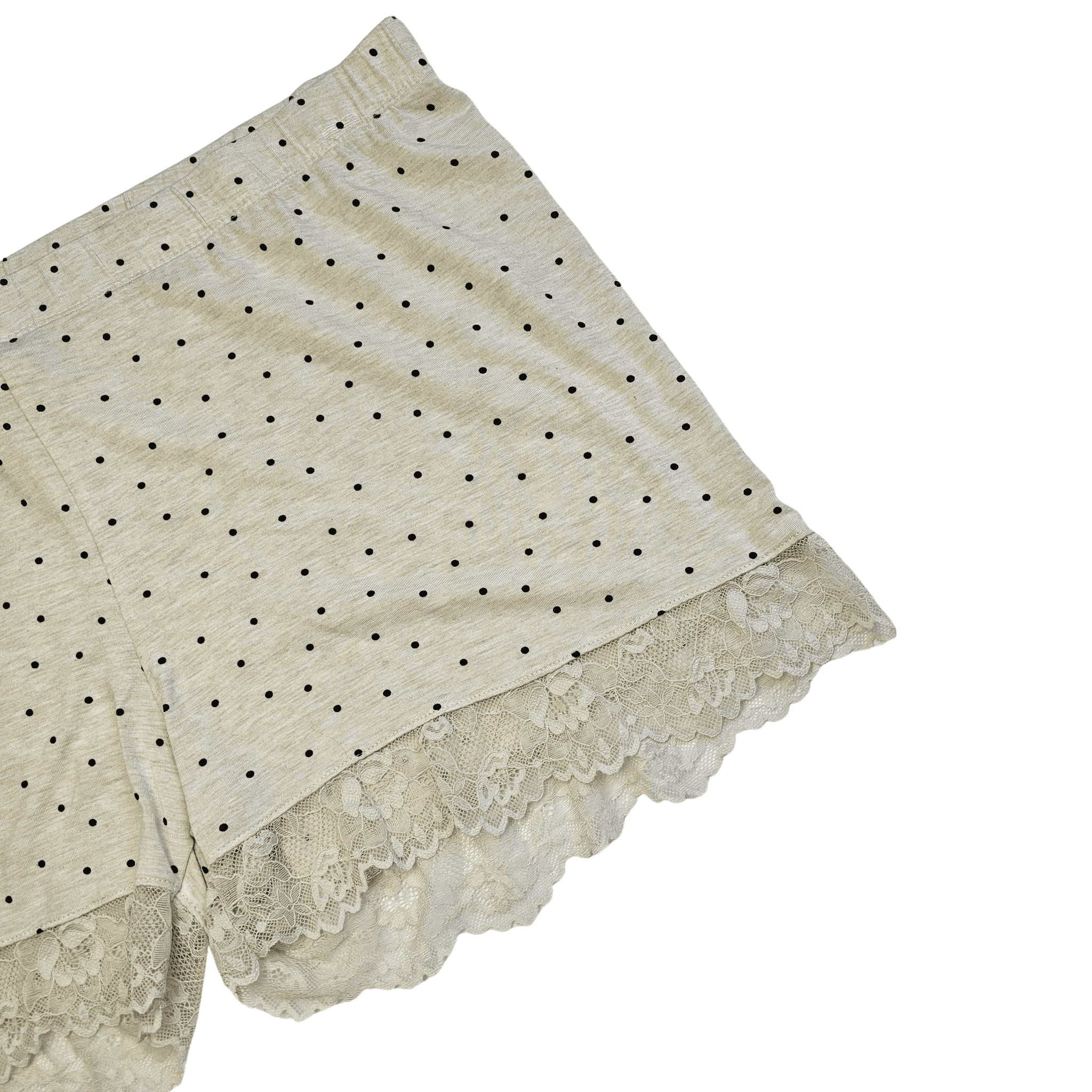 Veshje Gjumi Tuta te Shkurtra Ngjyre Qumesht me Pika te Zeza dhe Detaj Dantelle S.Hand/Sleeping Clothes
