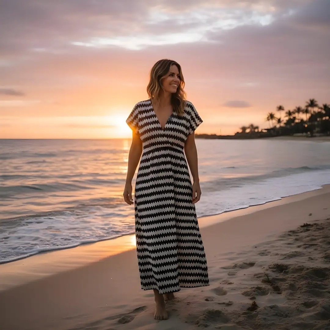 Fustan Plazhi Femrash Sosandar Ngjyre Bezhe me Dizajn te Zi dhe Xixa Gold Outlet/Beach Dress