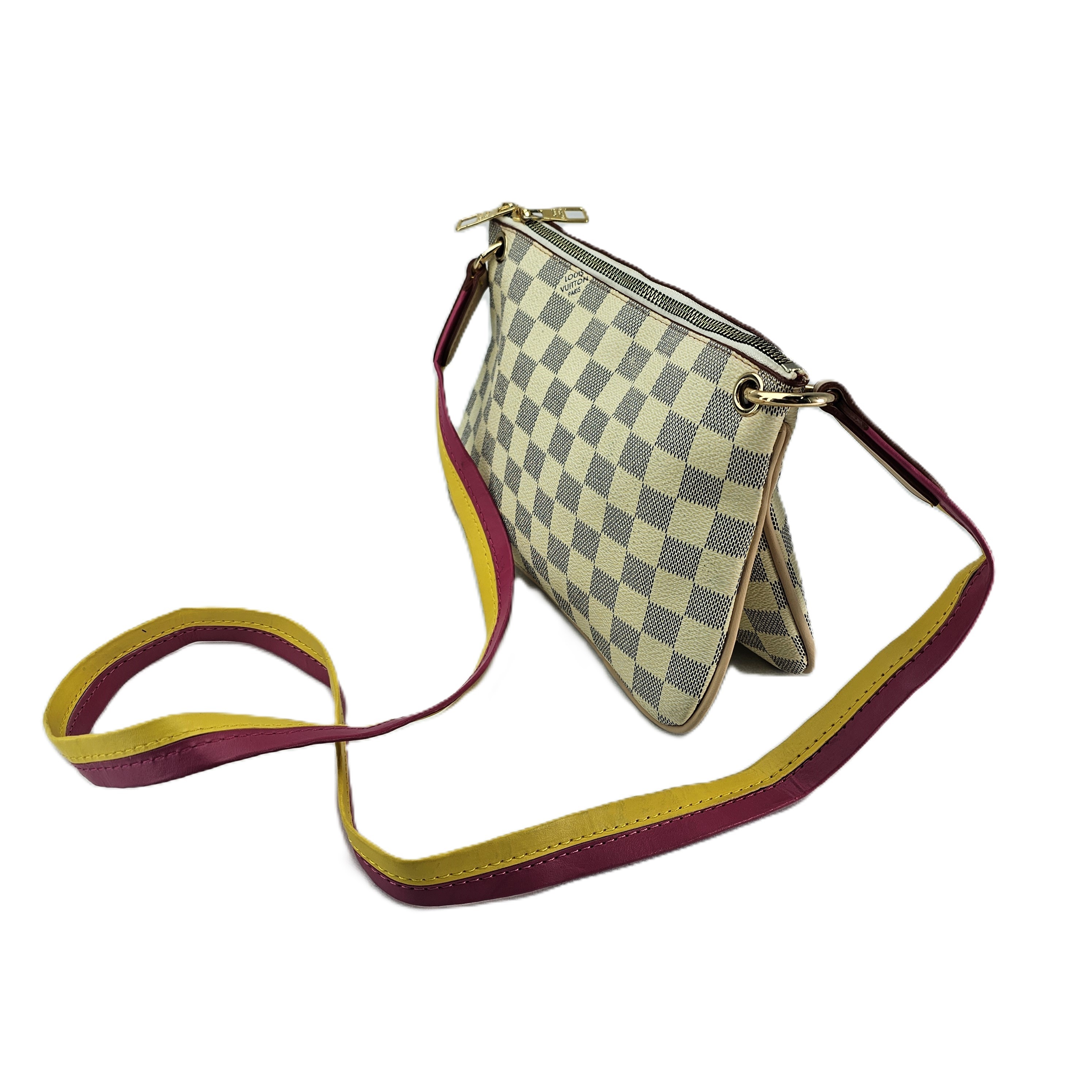 Cante Louis Vuitton Paris Ngjyre Pastel me Katror Gri dhe Rrip me Dizajn Roze dhe te Verdhe S.Hand