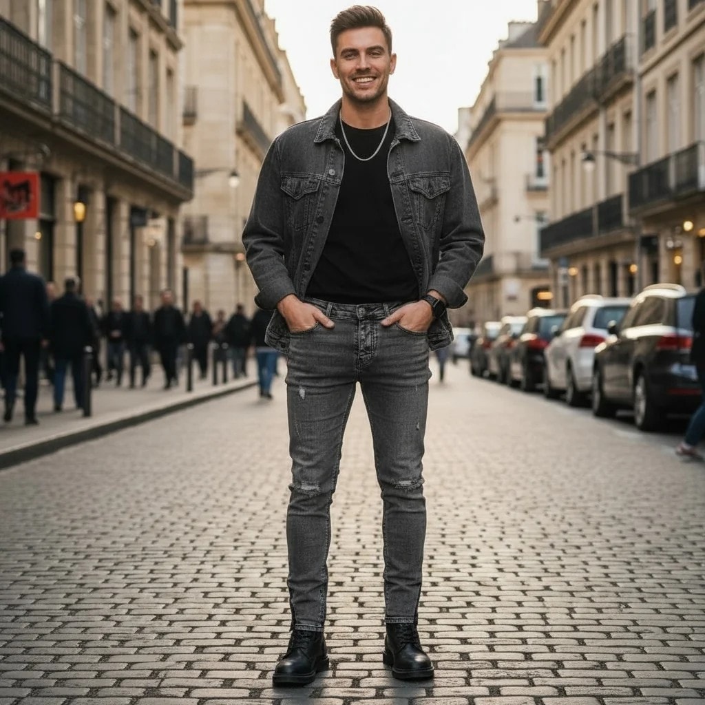 Pantallona Xhins Meshkujsh Reternity Outlet Ngjyre Gri Jeans