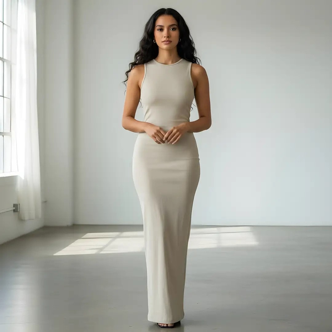 Fustan Femrash Ngjyre Bezhe e Hapur Outlet Womens Dress 