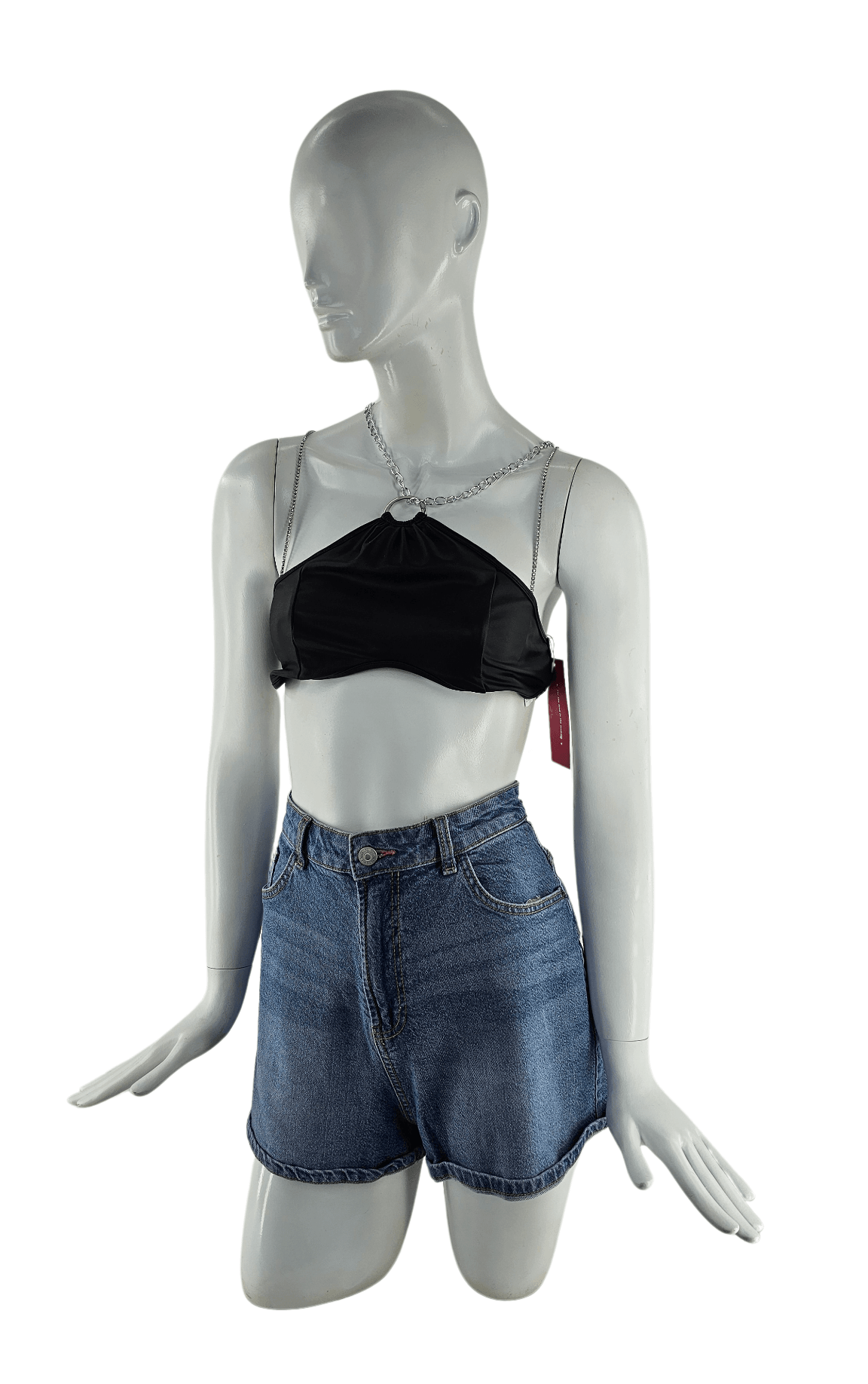 Kanatjere Femrash Shein Ngjyre e Zeze me Rrip me Gure Silver dhe Zinxhir tek Qafa Outlet/Crop Top