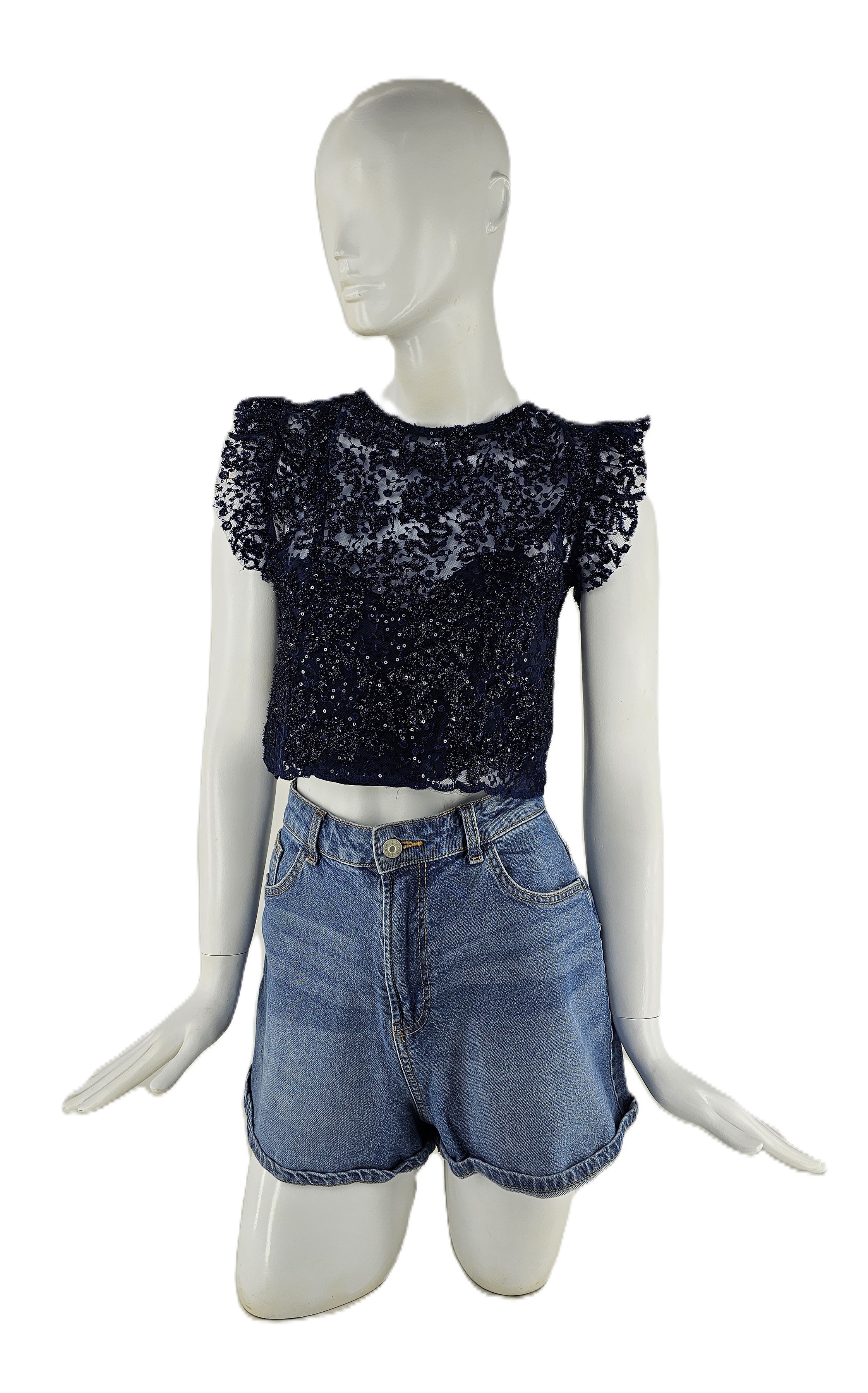 Bluze Femrash Nuna Lie Ngjyre Blu e Erret me Tyl dhe Temina Outlet