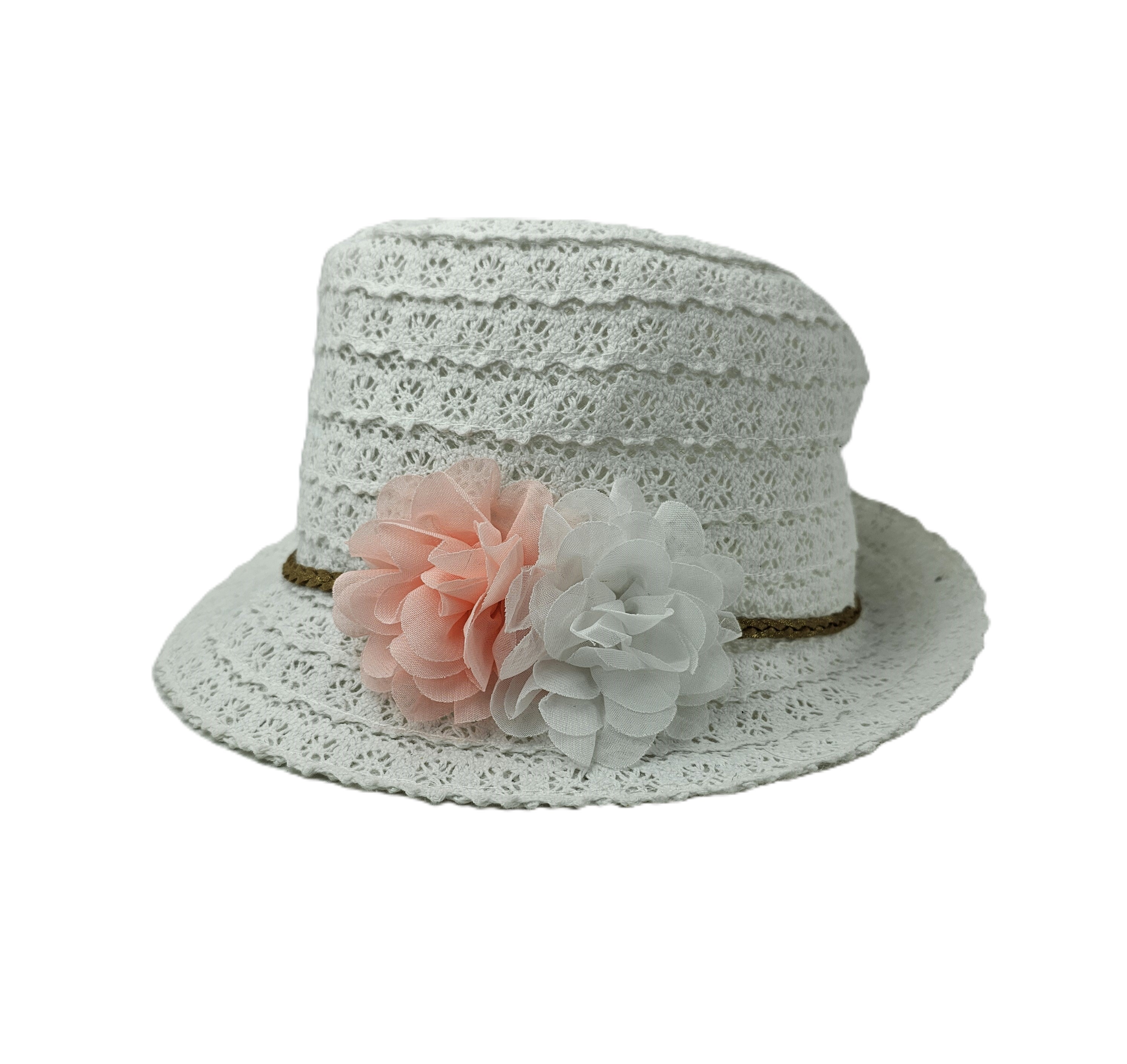 Kapele Plazhi Femijesh Dantelle Ngjyre e Bardhe me Dizajn Gershet Kaf dhe Lule Roze dhe te Bardhe S.Hand/Beach Hat