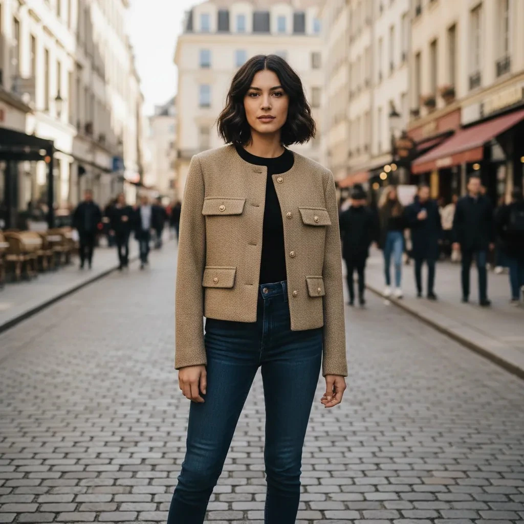 Xhakete Klasike Femrash Zara Ngjyre Bezhe me Detaje Xhepash dhe Kopsash Gold S.Hand Women's Classic Jacket