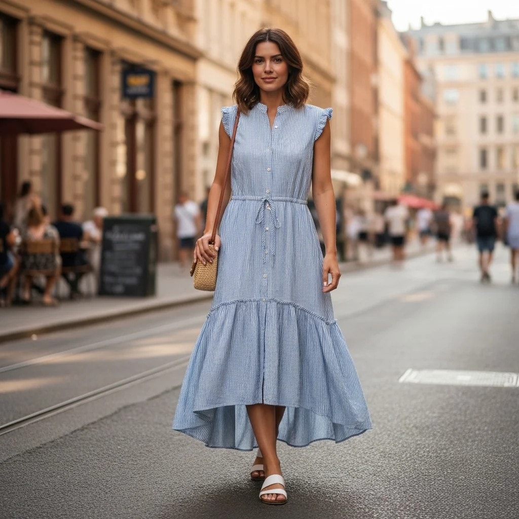 Fustan Lauren Ngjyre Blu me Vija te Bardha dhe Kopsa Para S.Hand