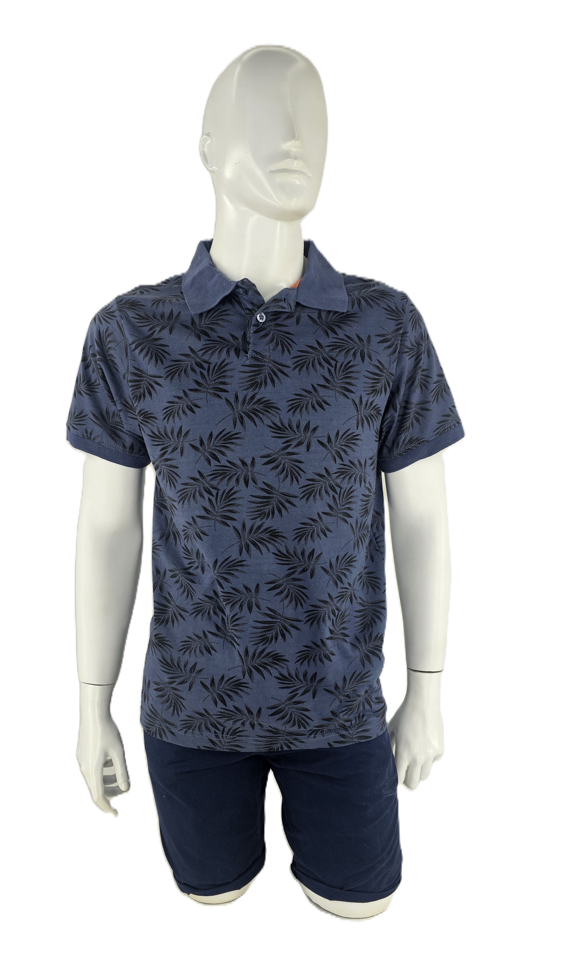 T-Shirt Meshkujsh Ngjyre Blu e Erret me Lule te Zeza S.Hand