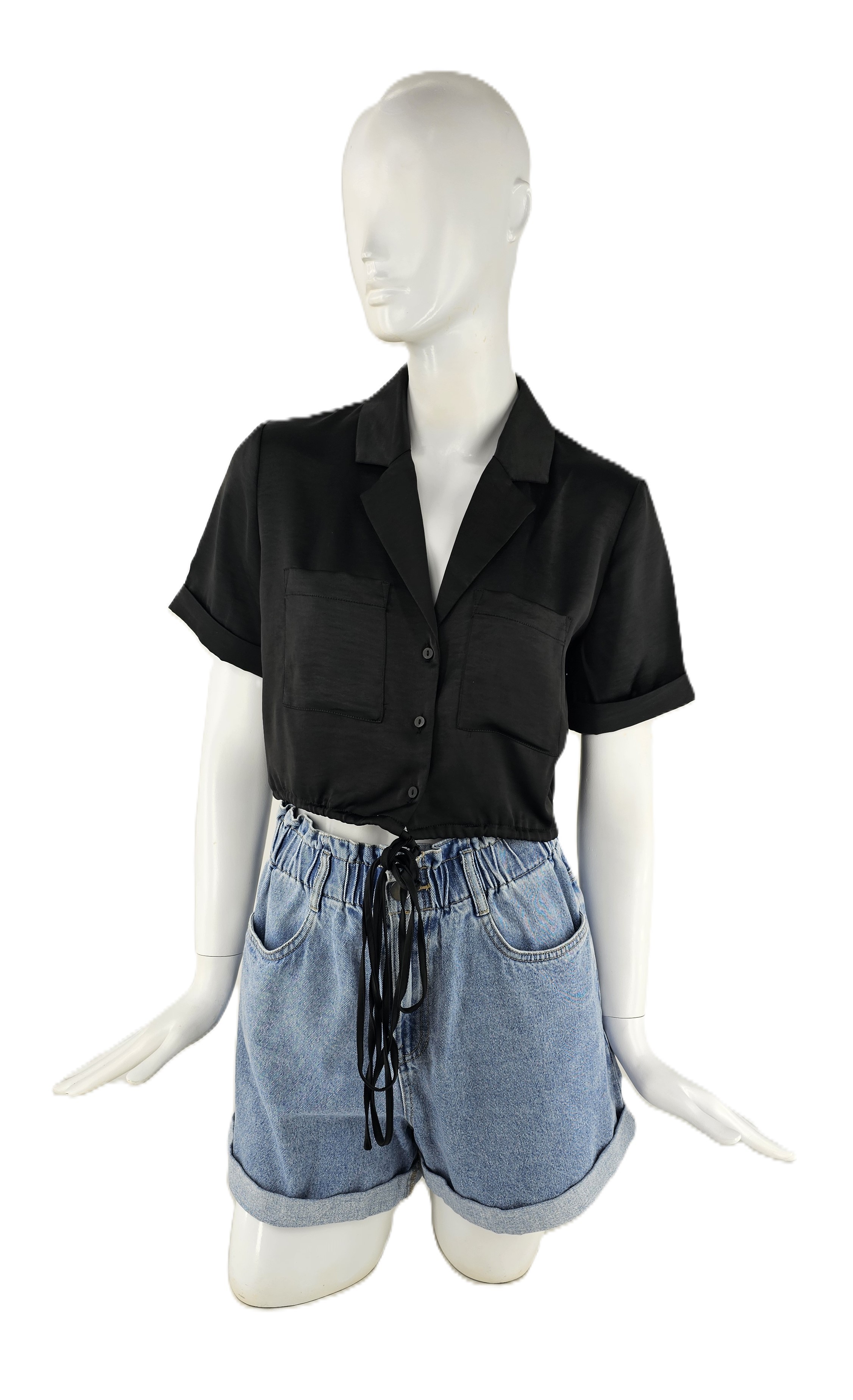 Kemishe Femrash Saten Ngjyre e Zeze Crop Top S.Hand
