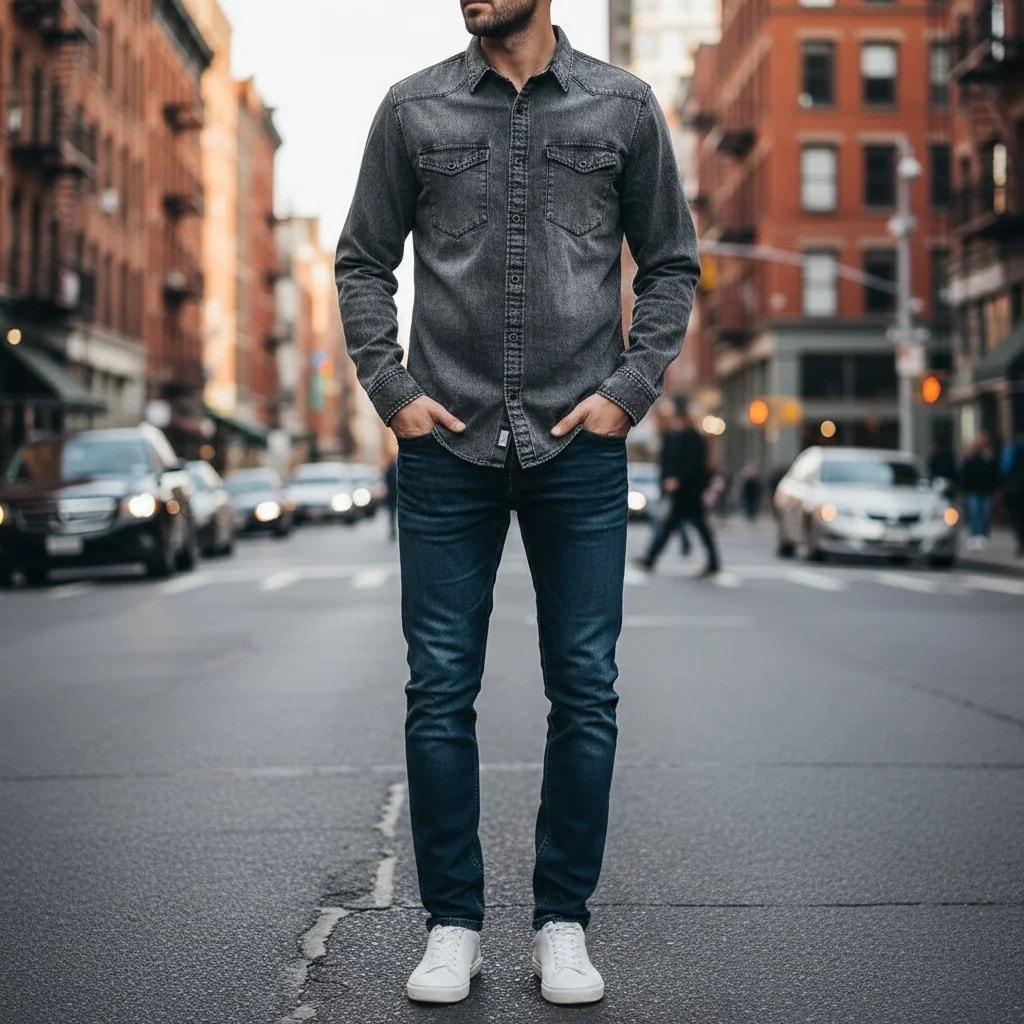 Kemishe Xhins Meshkujsh Ngjyre Gri e Erret S.Hand Shirt