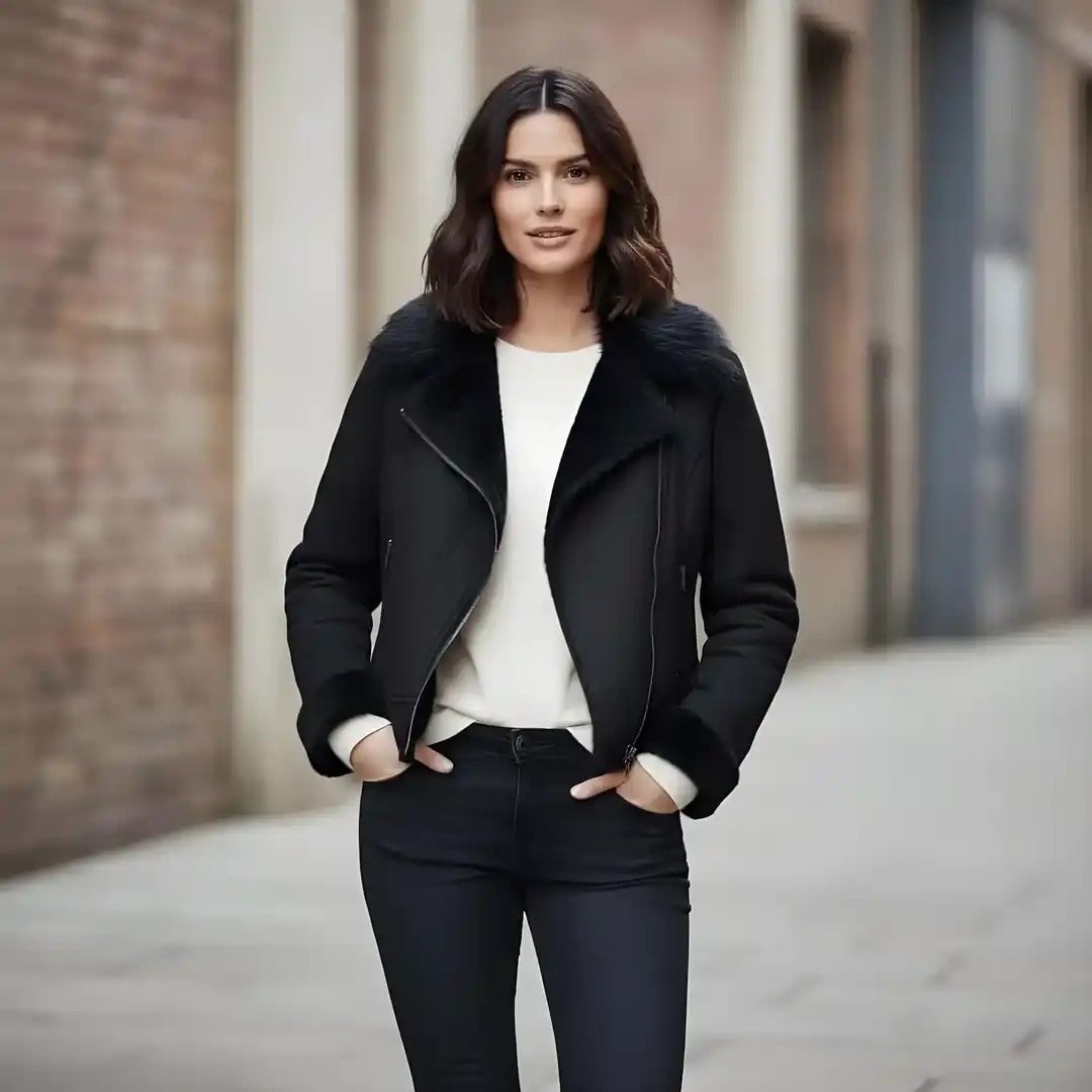 Xhup Femrash Ngjyre i Zi me Pellush Tek Qafa S.Hand Womens Jacket