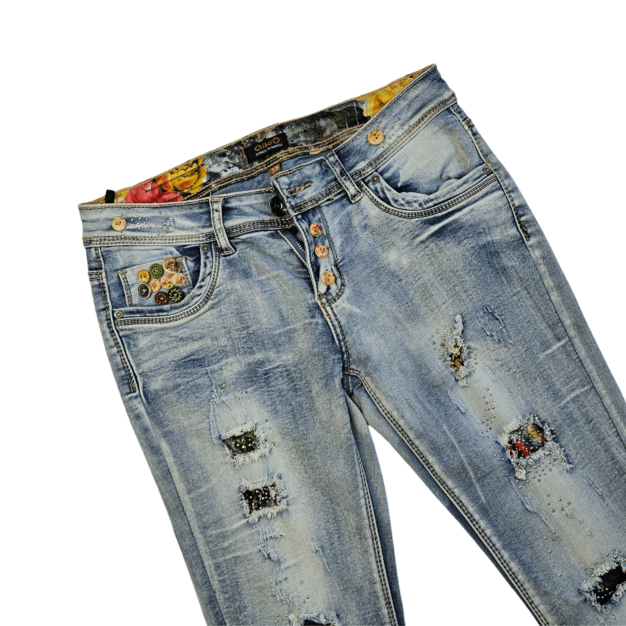 Pantallona Xhins Femrash me Bel te Shkurter dhe Dizajn te Grisura me Gure S.Hand/Jeans