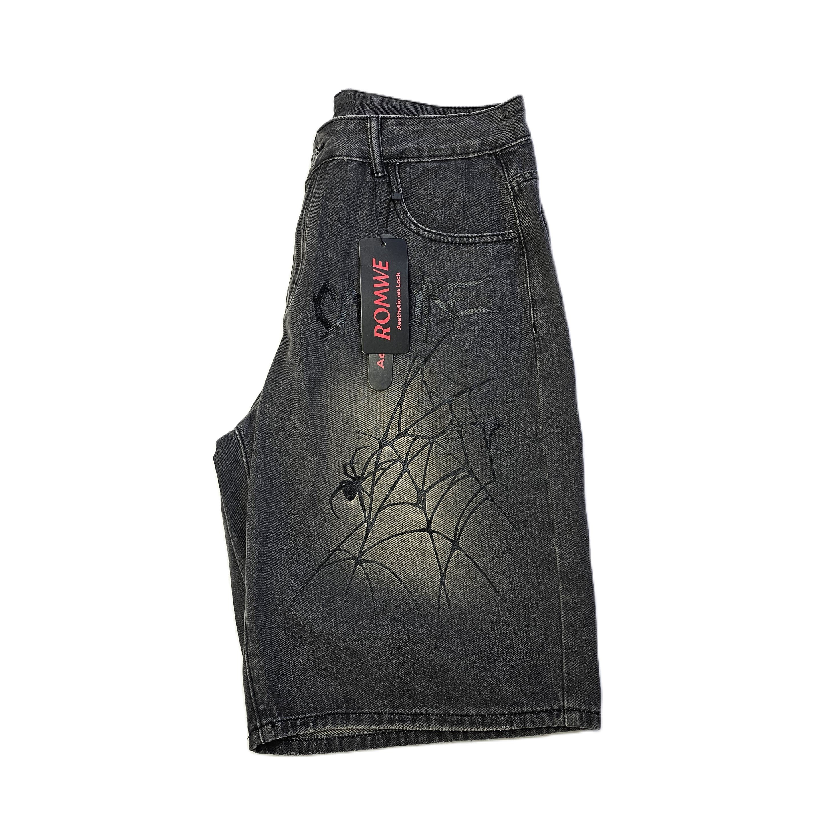 Pantallona te Shkurtra Meshkujsh Ngjyre Gri e Erret me Dizajn merimange Outlet/Denim Shorts