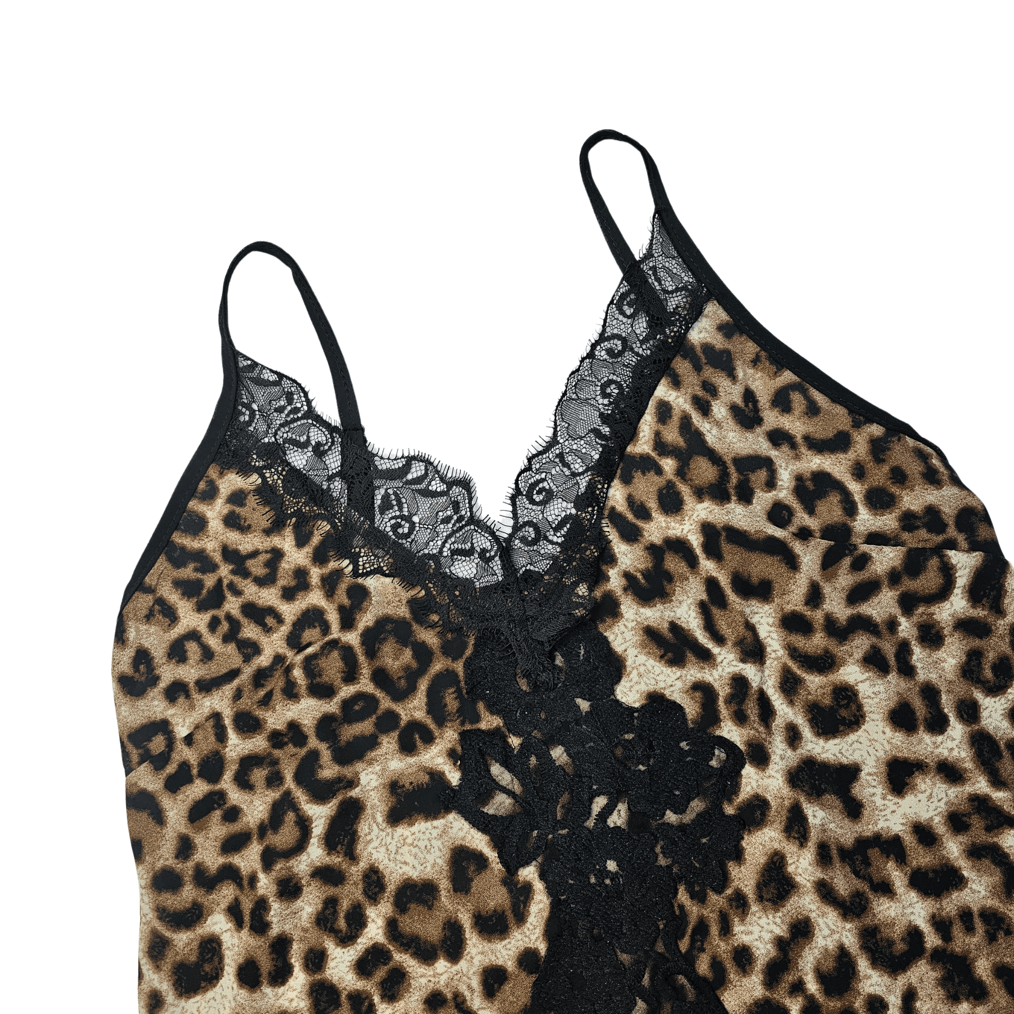 Veshje Gjumi Kanatjere Print Leopard me Dantelle te Zeze S.Hand/Sleeping Clothes