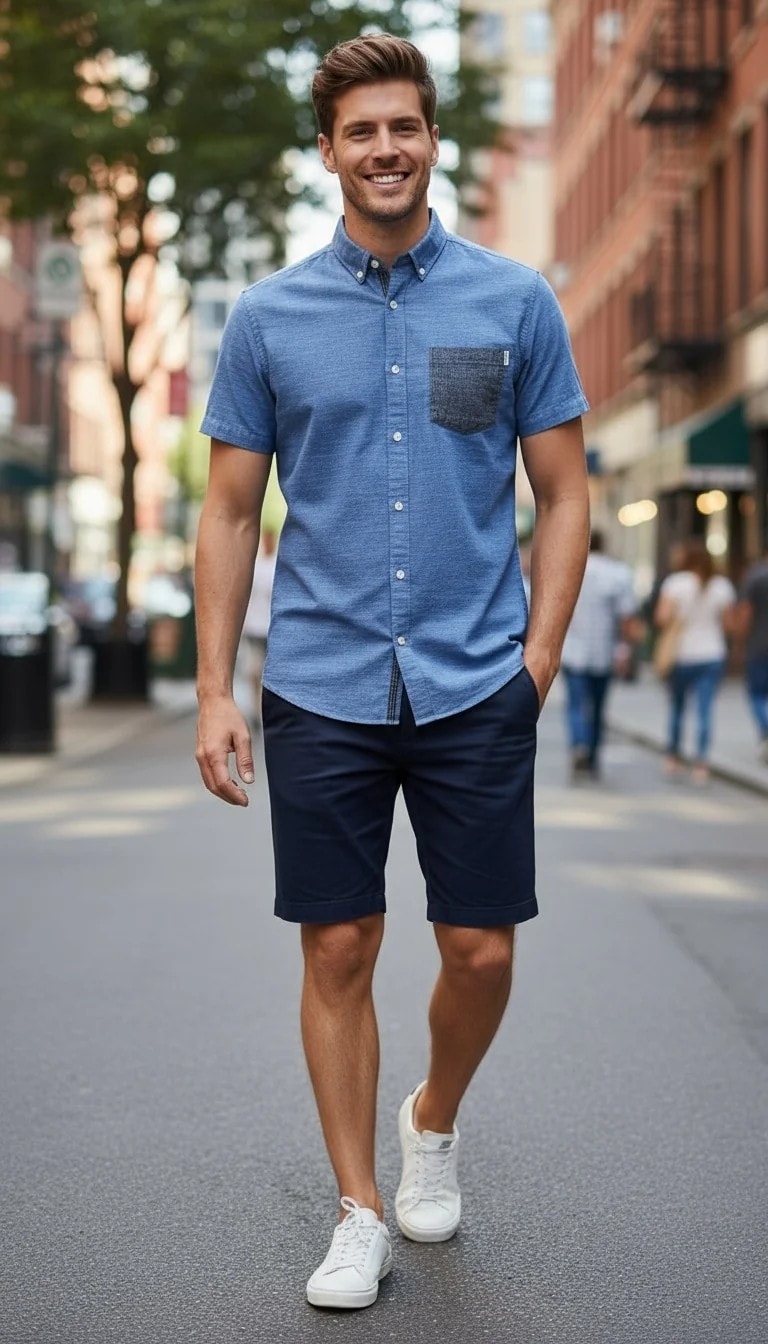 Kemishe Meshkujsh Jack&Jones Core Ngjyre Blu me Detaj Gri Tek Xhepi dhe Jaka S.Hand