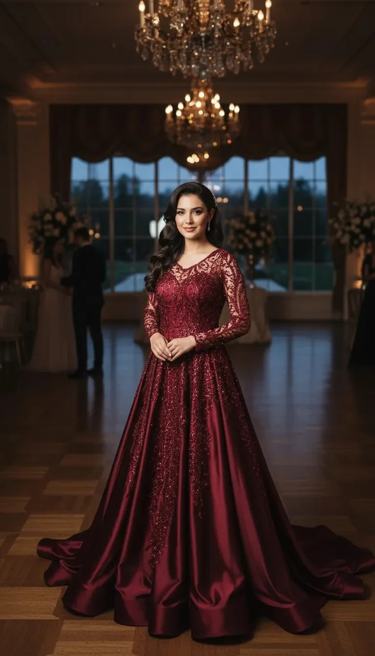 Fustan Nuserie Ngjyre Vishnje me Detaj Tyl dhe Teminash S.Hand Wedding Dress