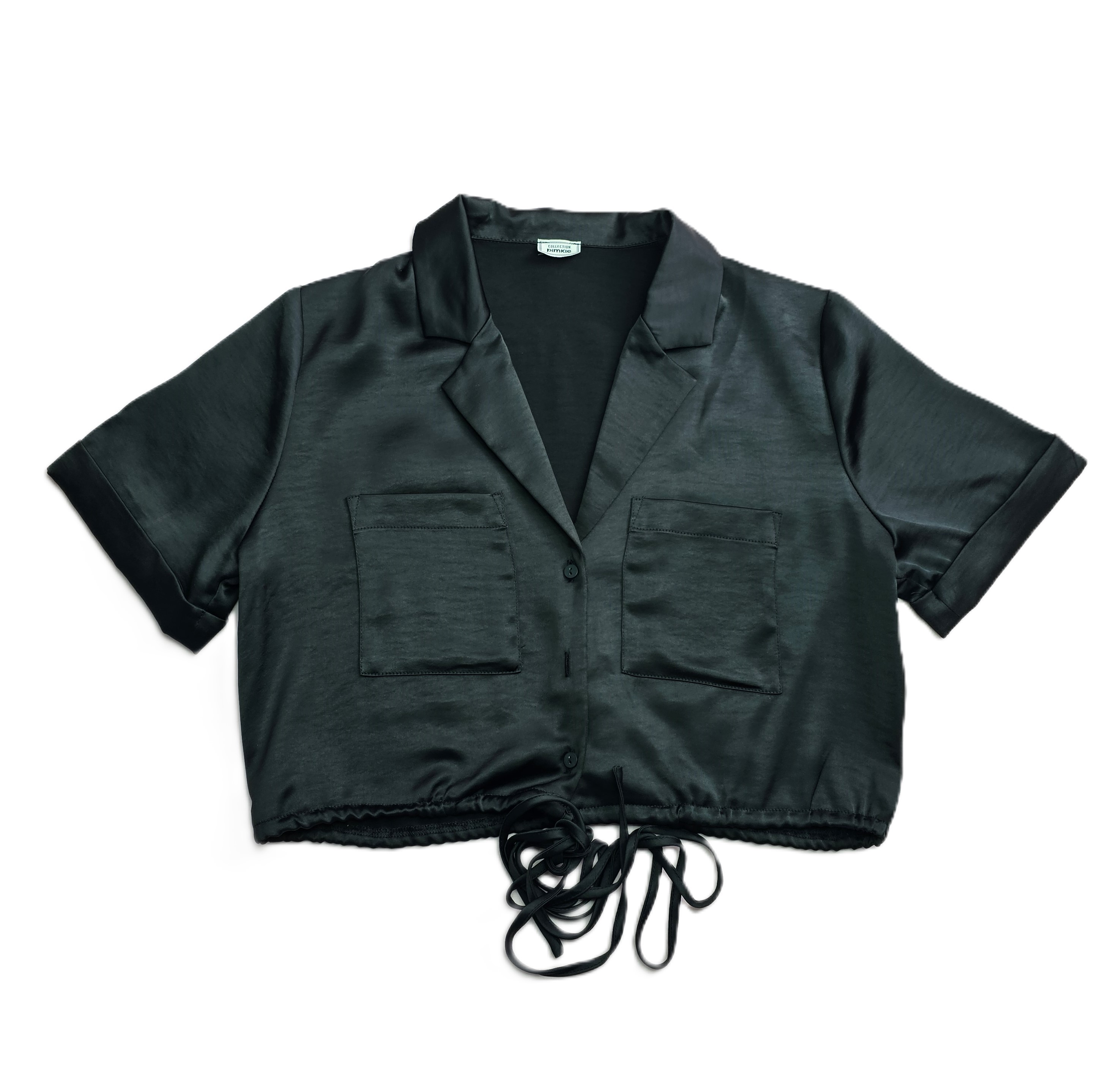 Kemishe Femrash Saten Ngjyre e Zeze Crop Top S.Hand