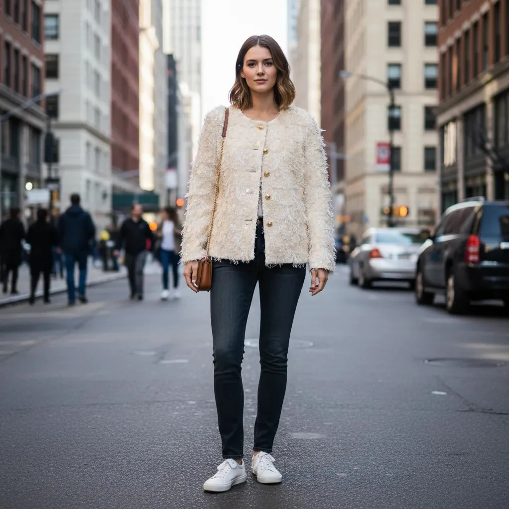 Xhakete Klasike Femrash Zara Ngjyre Pana me Kopsa Gold dhe Dizajn me Fije dhe Temina S.Hand Women's Jacket