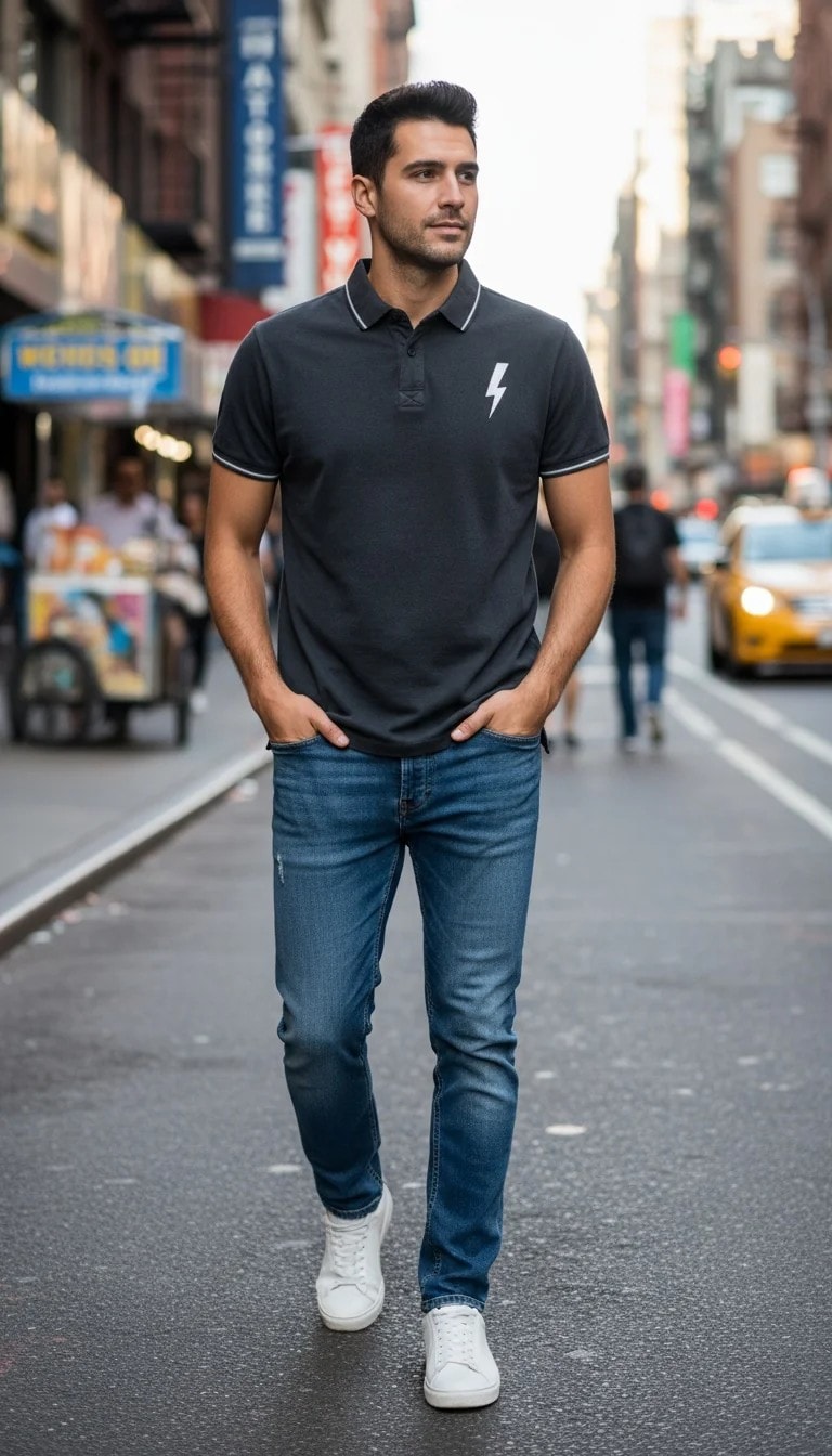 T-Shirt Meshkujsh Ngjyre Gri me Dizajn te Bardhe tek Jaka dhe Krahet Outlet