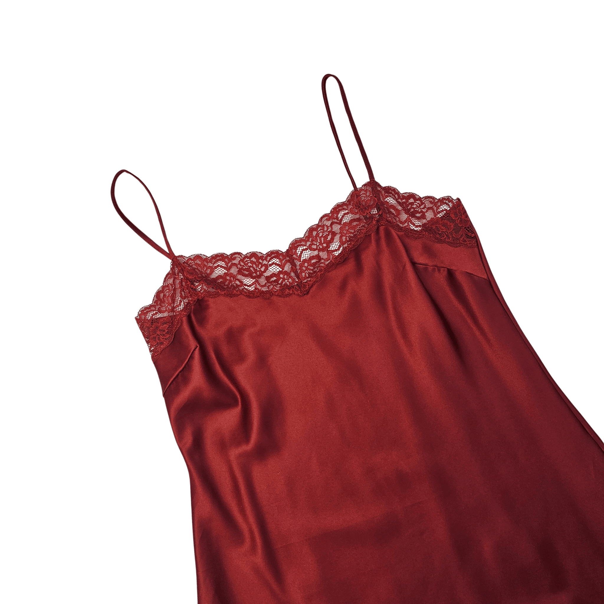 Veshje Gjumi Fustan Saten Ngjyre Vishnje me Detaje Dantelle S.Hand/Sleeping Clothes
