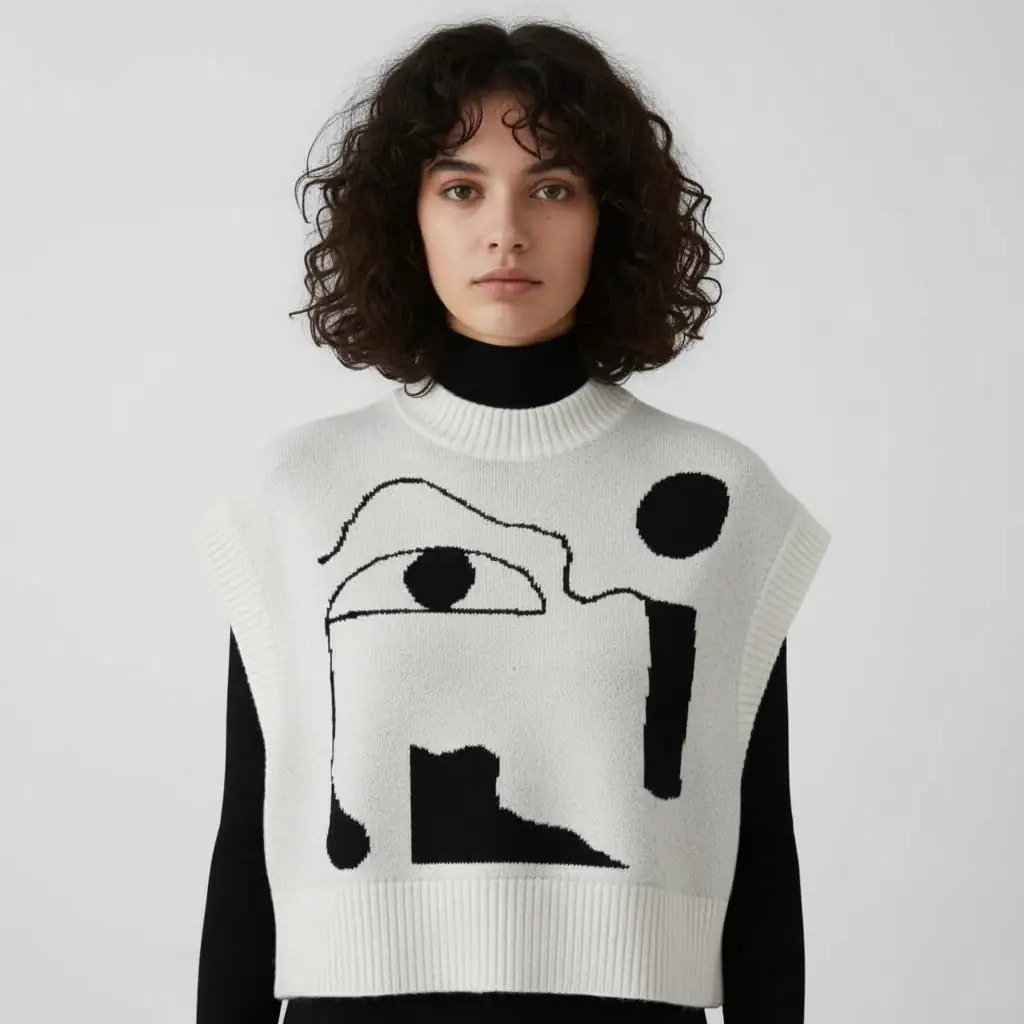 Jelek Femrash Monkl Ngjyre i Bardhe me Dizajn te Zi S.Hand Women Vest