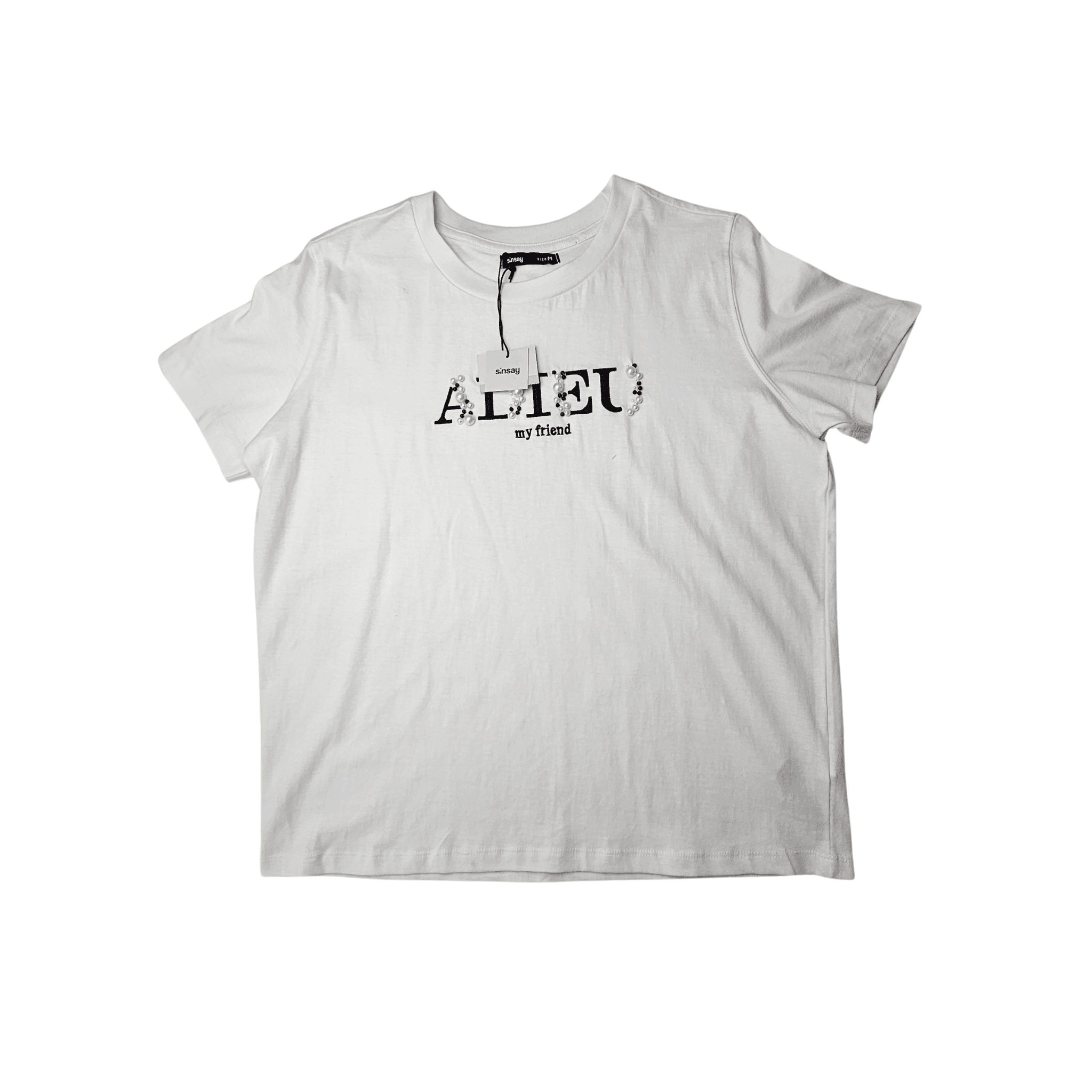 Bluze Femrash Sinsay Ngjyre e Bardhe me Dizajn te Zi me Perla Outlet T-Shirt 