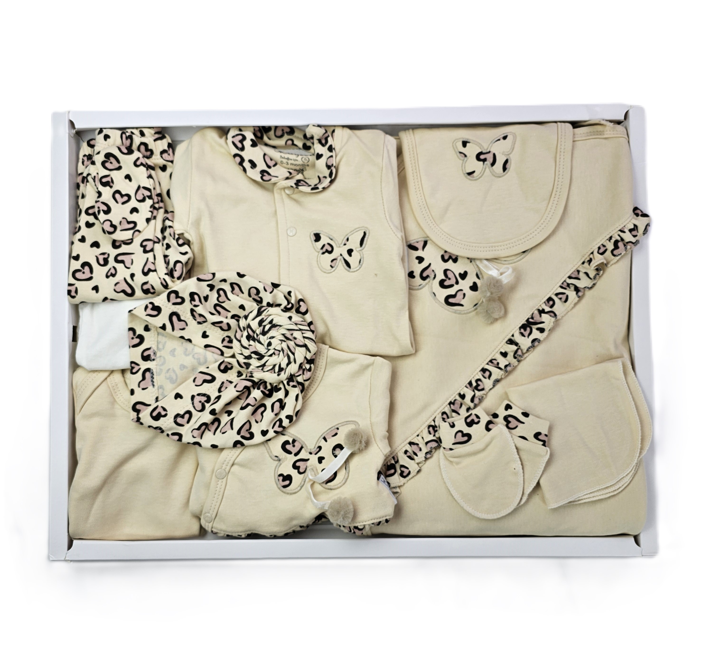 Set Bebesh 10 Pjese Mini Cayzen 3006 Ngjyre Bezhe Dizajn Leopard/New Born Baby Set 