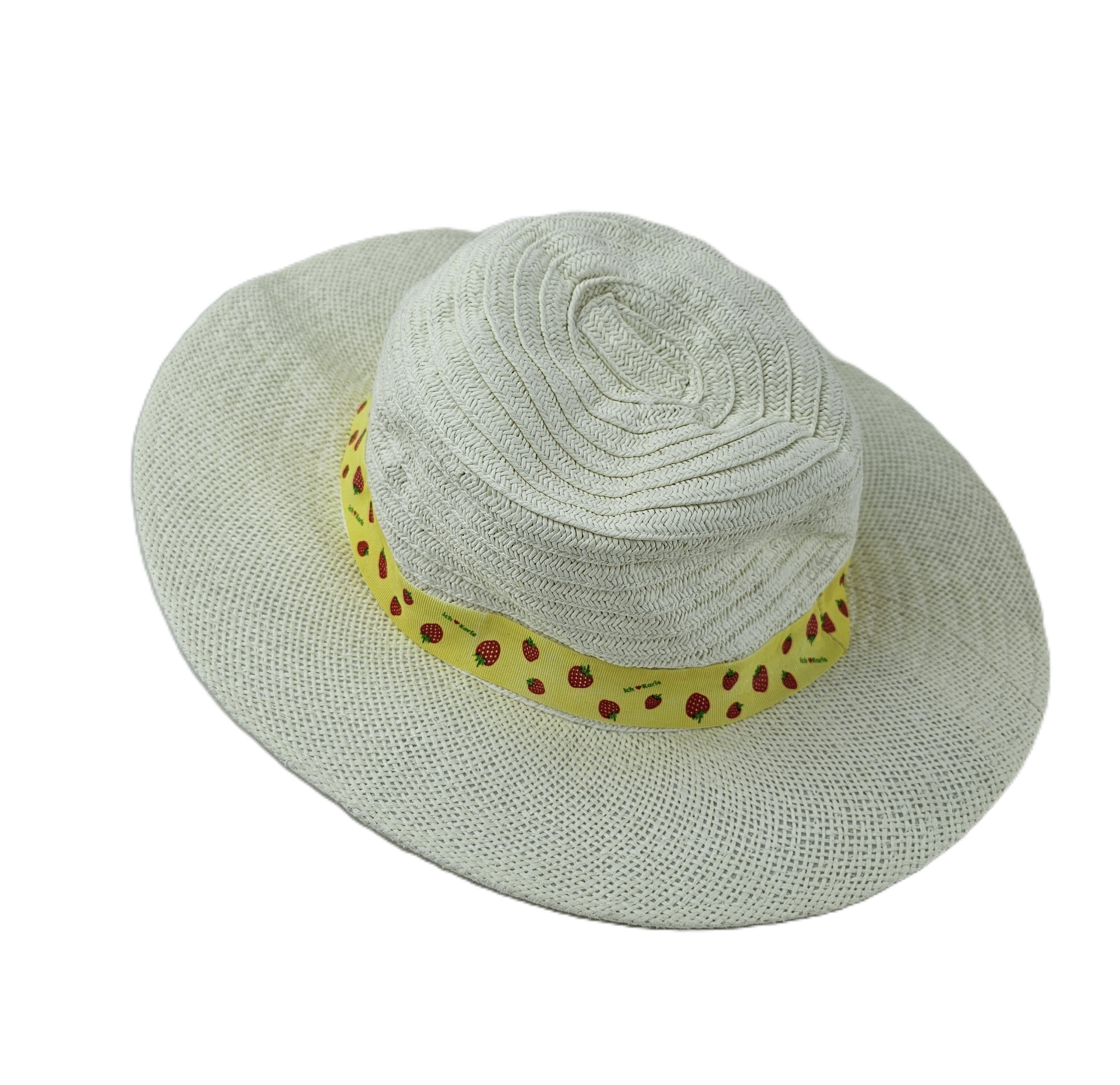 Kapele Plazhi Femijesh Kashte Ngjyre e Bardhe me Luleshtrydhe S.Hand/Beach Hat