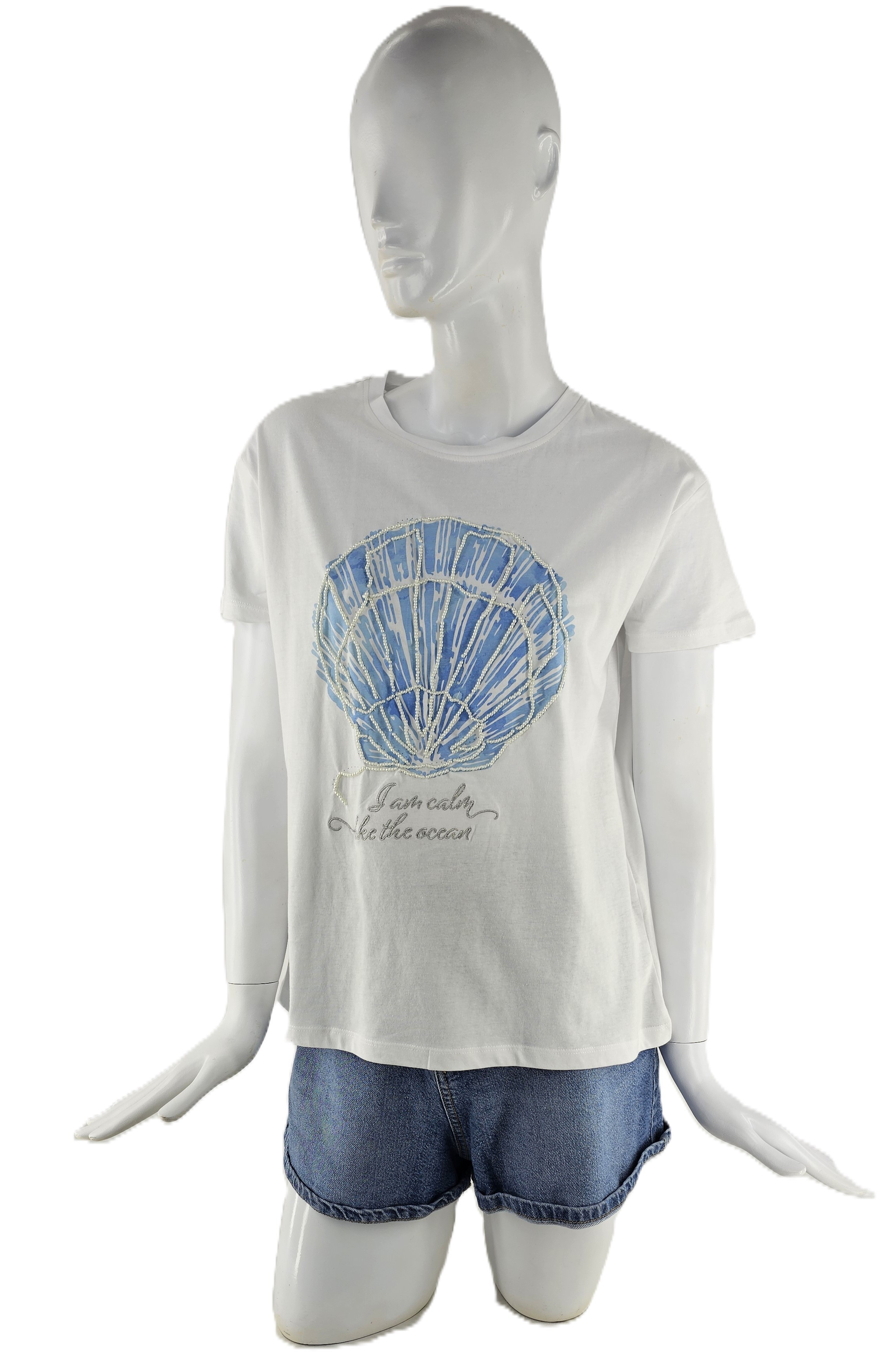 Bluze Femrash Sinsay Ngjyre e Bardhe me Dizajn Blu me Perla te Bardha Outlet/Shirt
