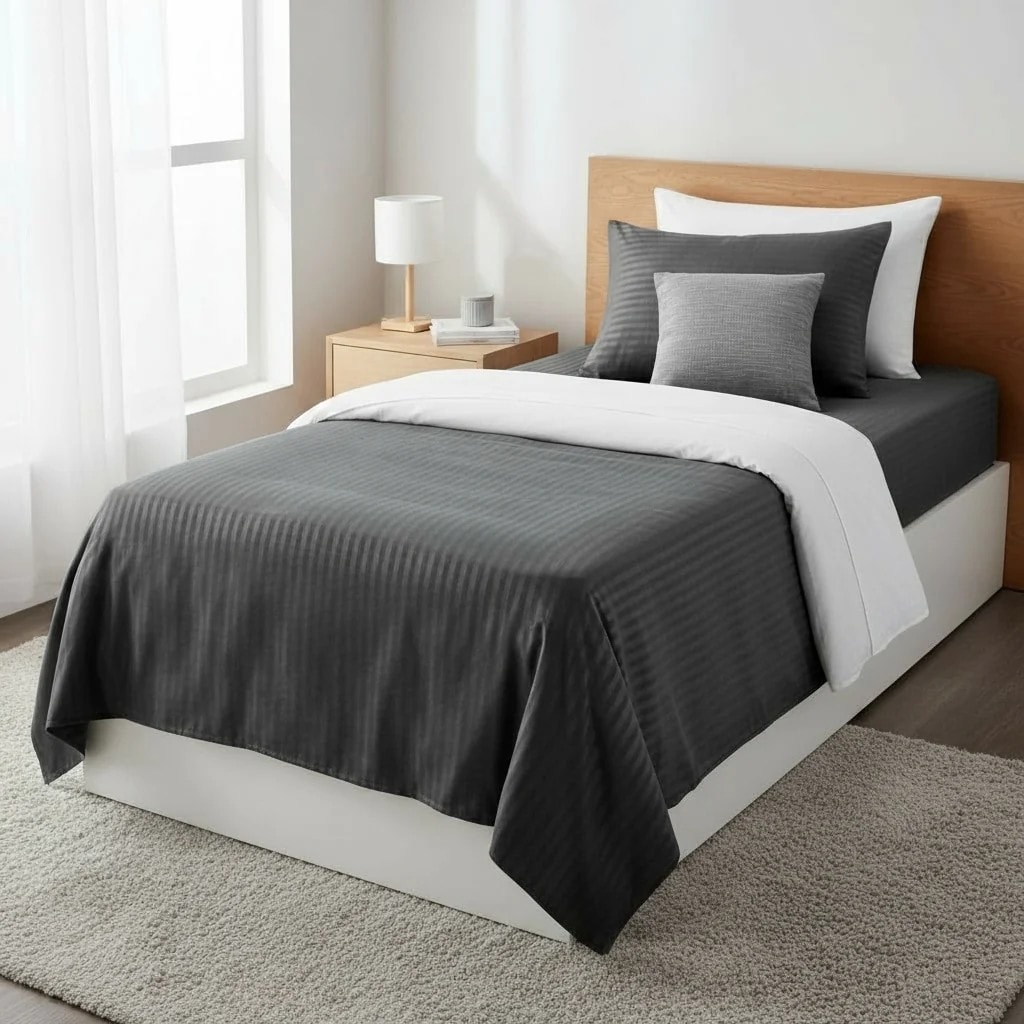 Set Carcafe Tek Ngjyre Gri e Erret Dizajn me Vija Outlet Single Bed Sheet Set