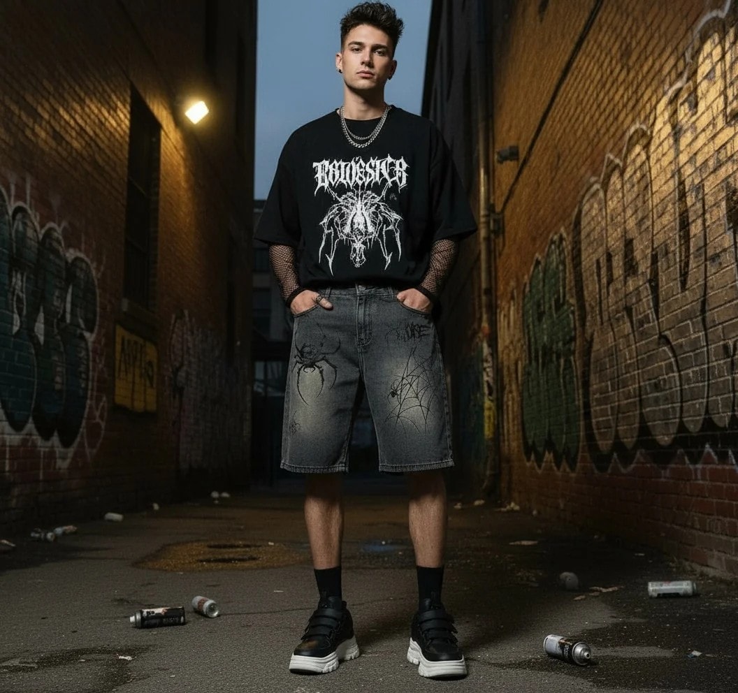 Pantallona te Shkurtra Meshkujsh Ngjyre Gri e Erret me Dizajn merimange Outlet/Denim Shorts