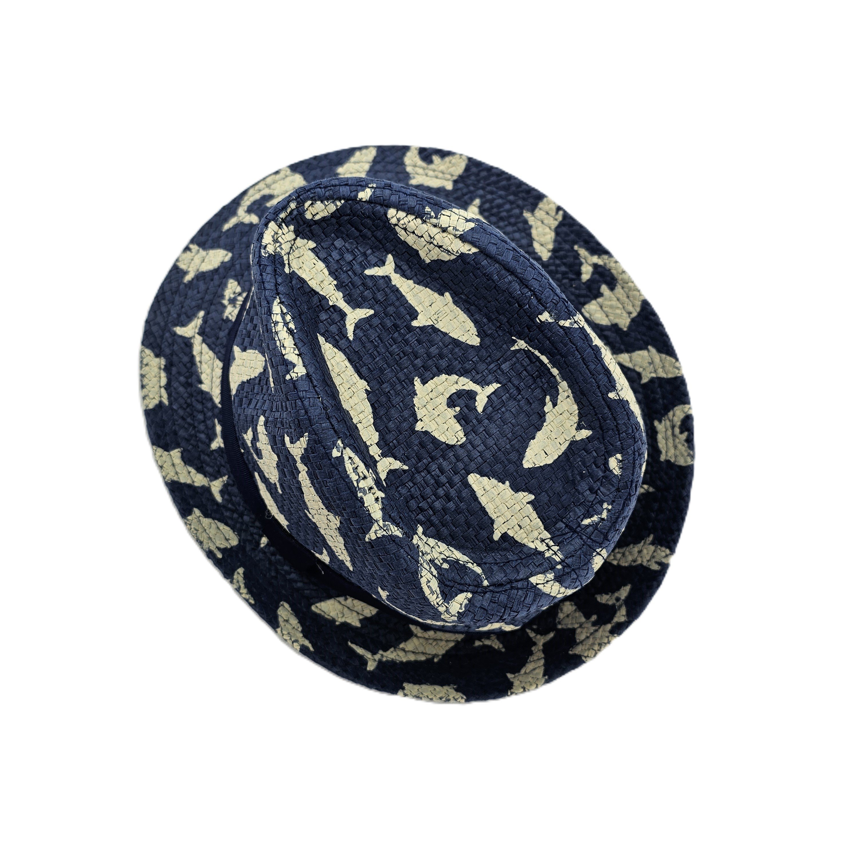 Kapele Plazhi Femijesh Kashte Ngjyre Blu e  Erret me Dizajn Peshk S.Hand/Beach Hat