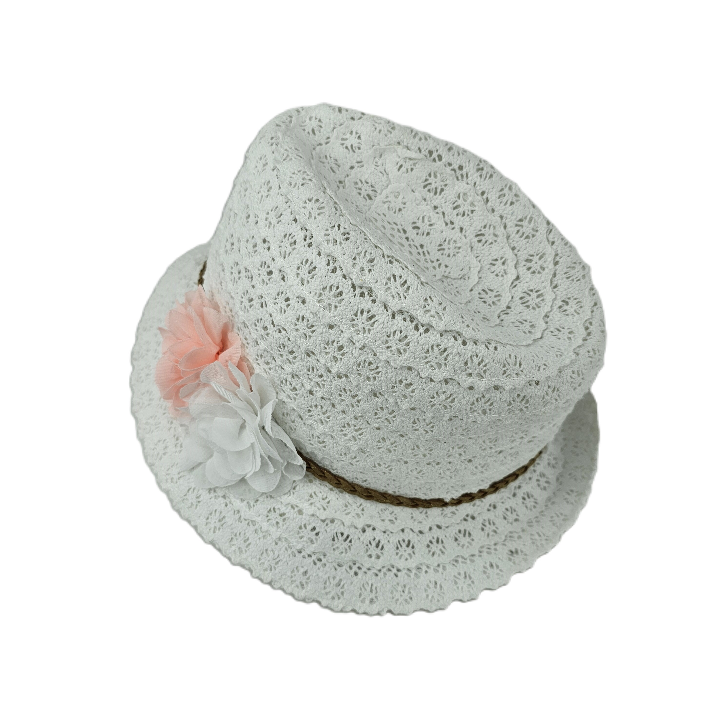 Kapele Plazhi Femijesh Dantelle Ngjyre e Bardhe me Dizajn Gershet Kaf dhe Lule Roze dhe te Bardhe S.Hand/Beach Hat