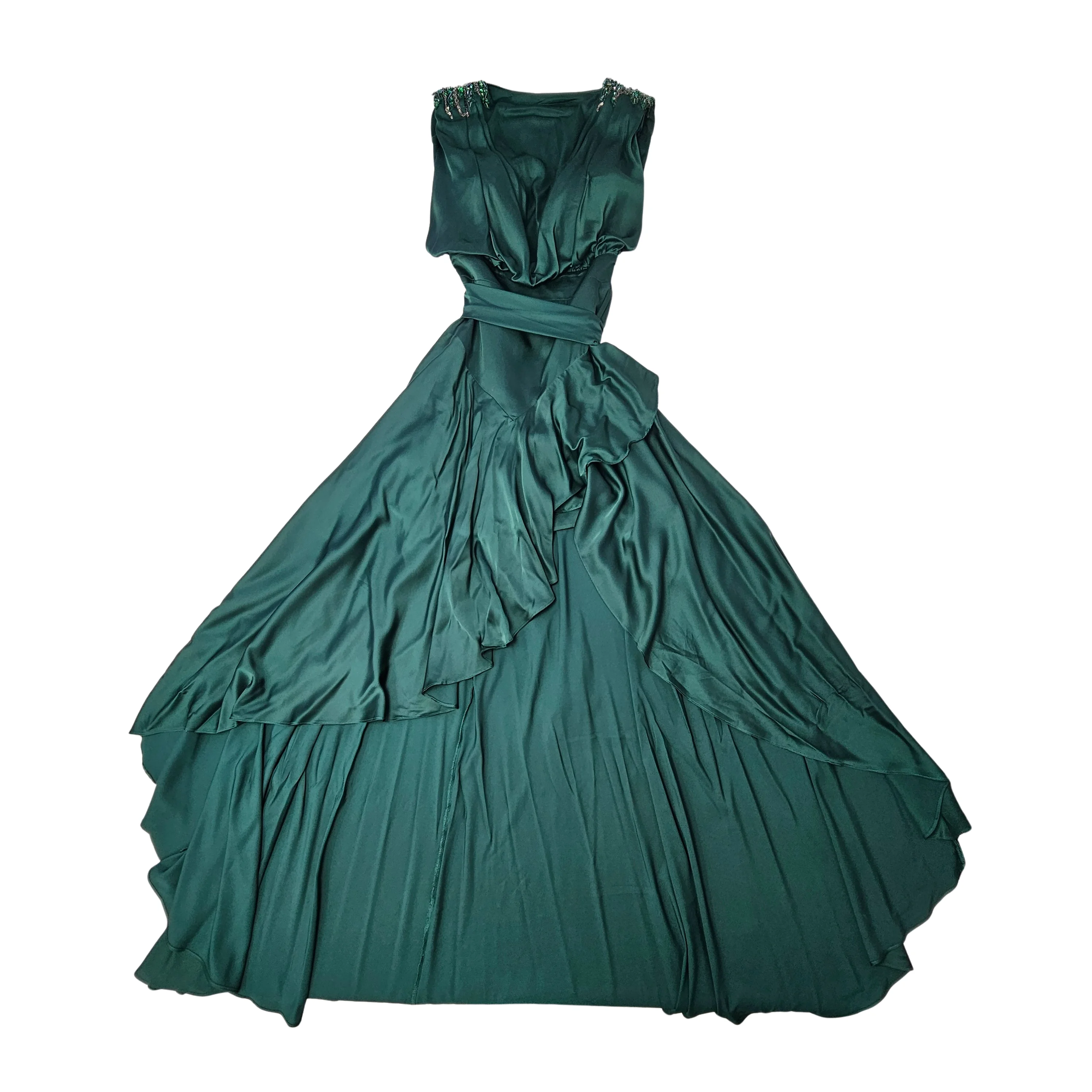 Fustan Femrash Saten Ngjyre Jeshil i Erret me Detaj Guresh tek Shpatullat S.Hand Women's Dress