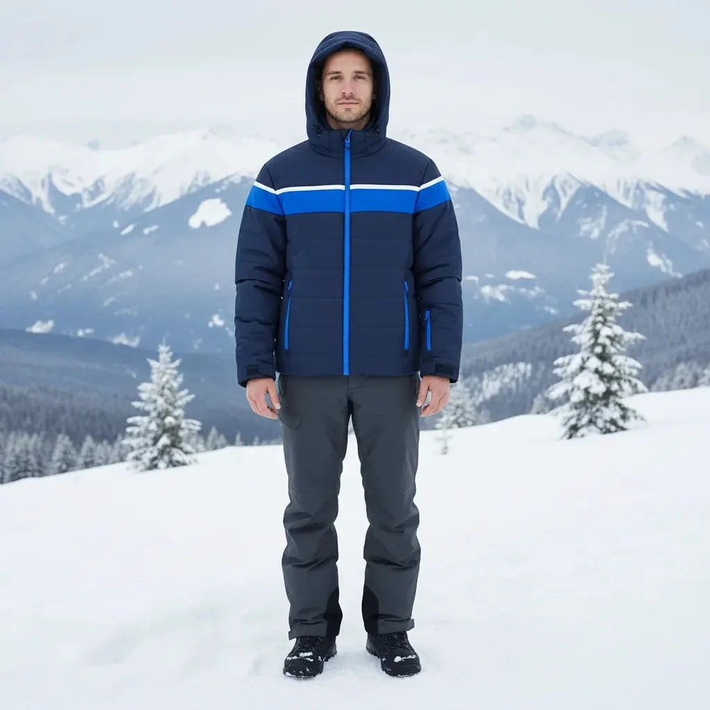 Xhup Bore Meshkujsh Ngjyre Blu i Erret me Dizajn Blu dhe te Bardhe S.Hand Men's Snow Jacket