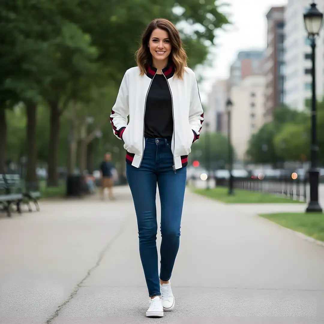 Xhakete Femrash Atmosphere Ngjyre e Bardhe me Vija Kuq e Zi S.Hand Womens Jacket