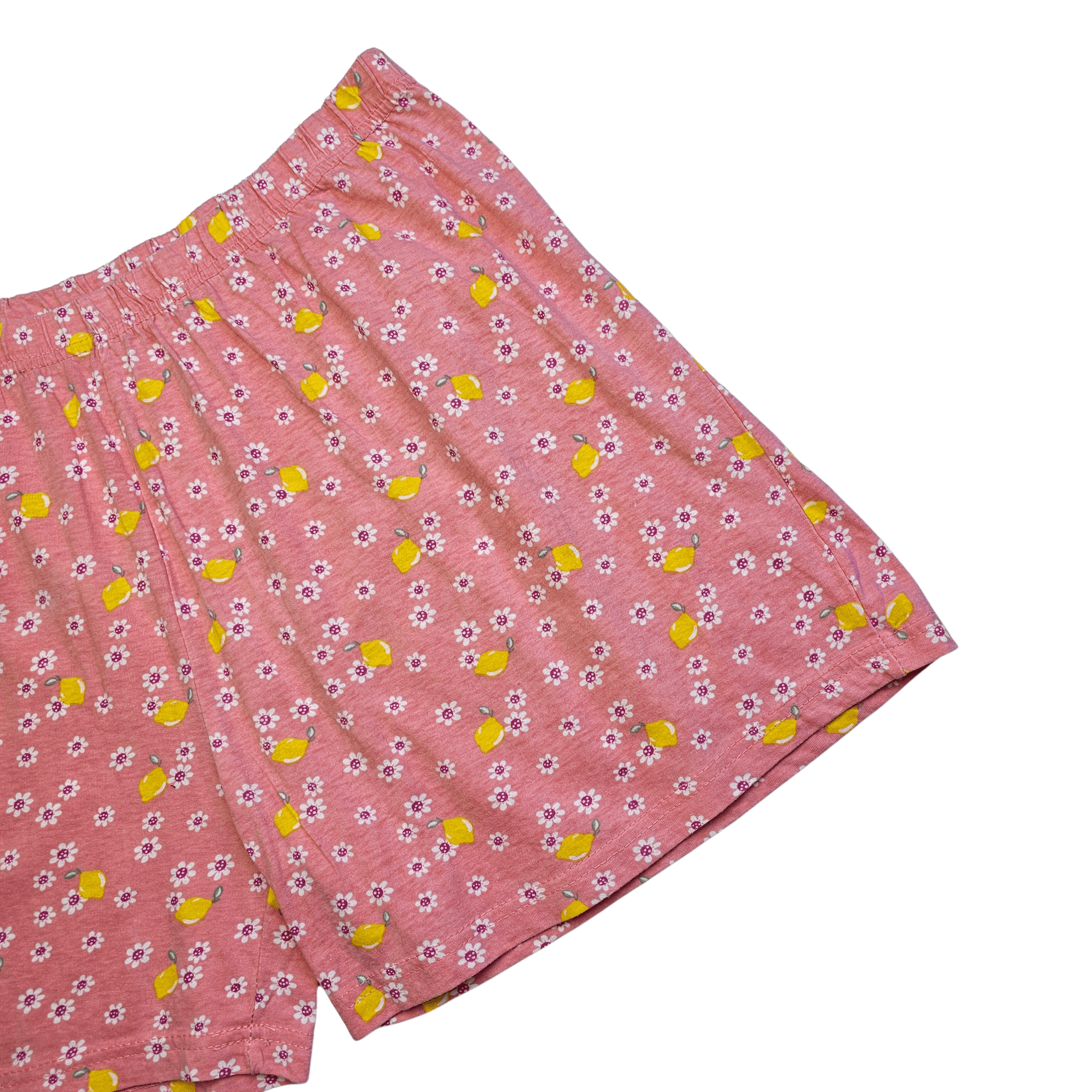 Veshje Gjumi Tuta te Shkurtra Ngjyre Roze me Lule te Bardha dhe Limone S.Hand/Sleeping Clothes